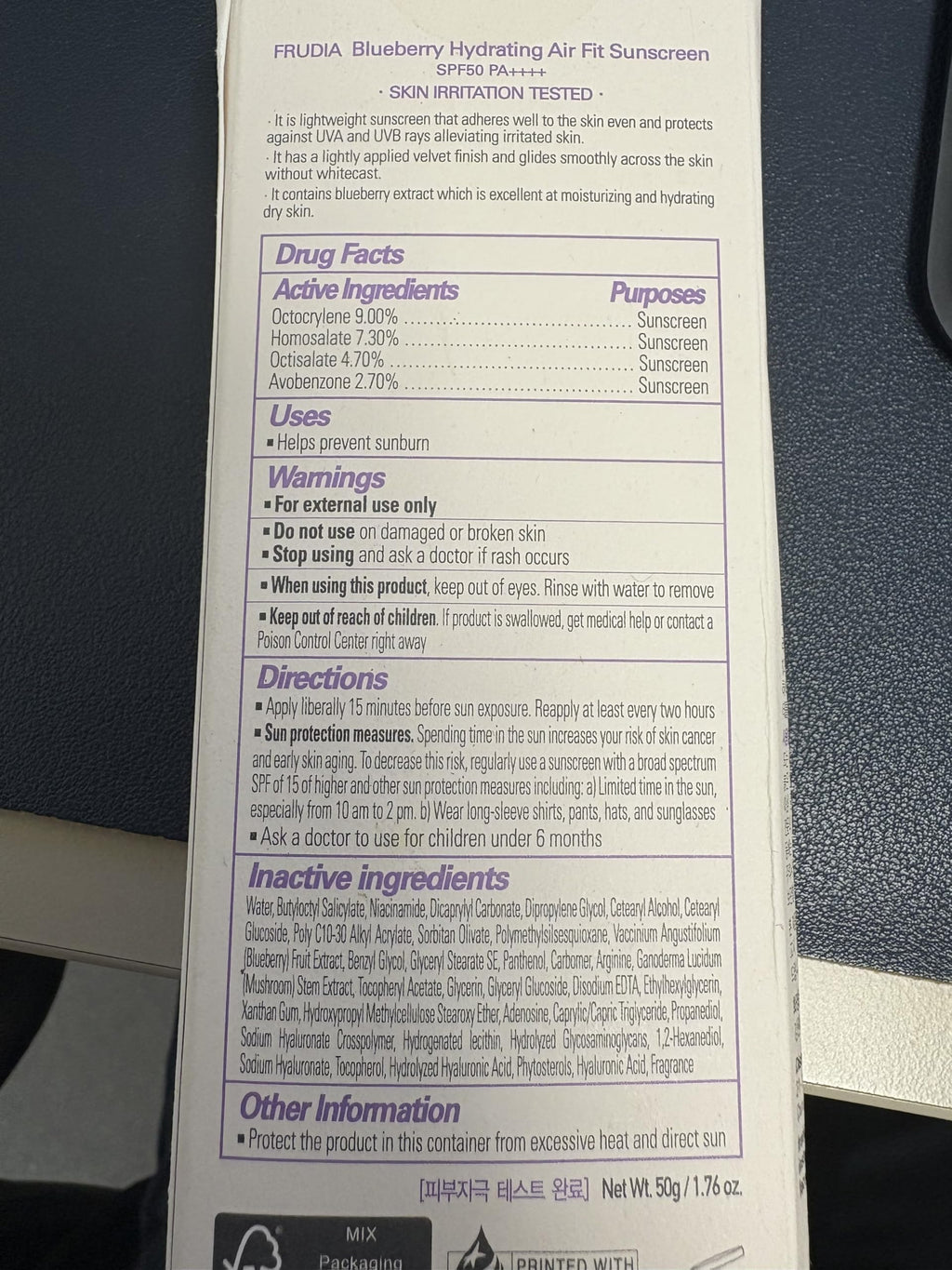 FRUDIA Blueberry Hydrating Air Fit Sunscreen SPF 50+ PA++++ | Ultra Lightweight, No White Cast | 1.76 oz