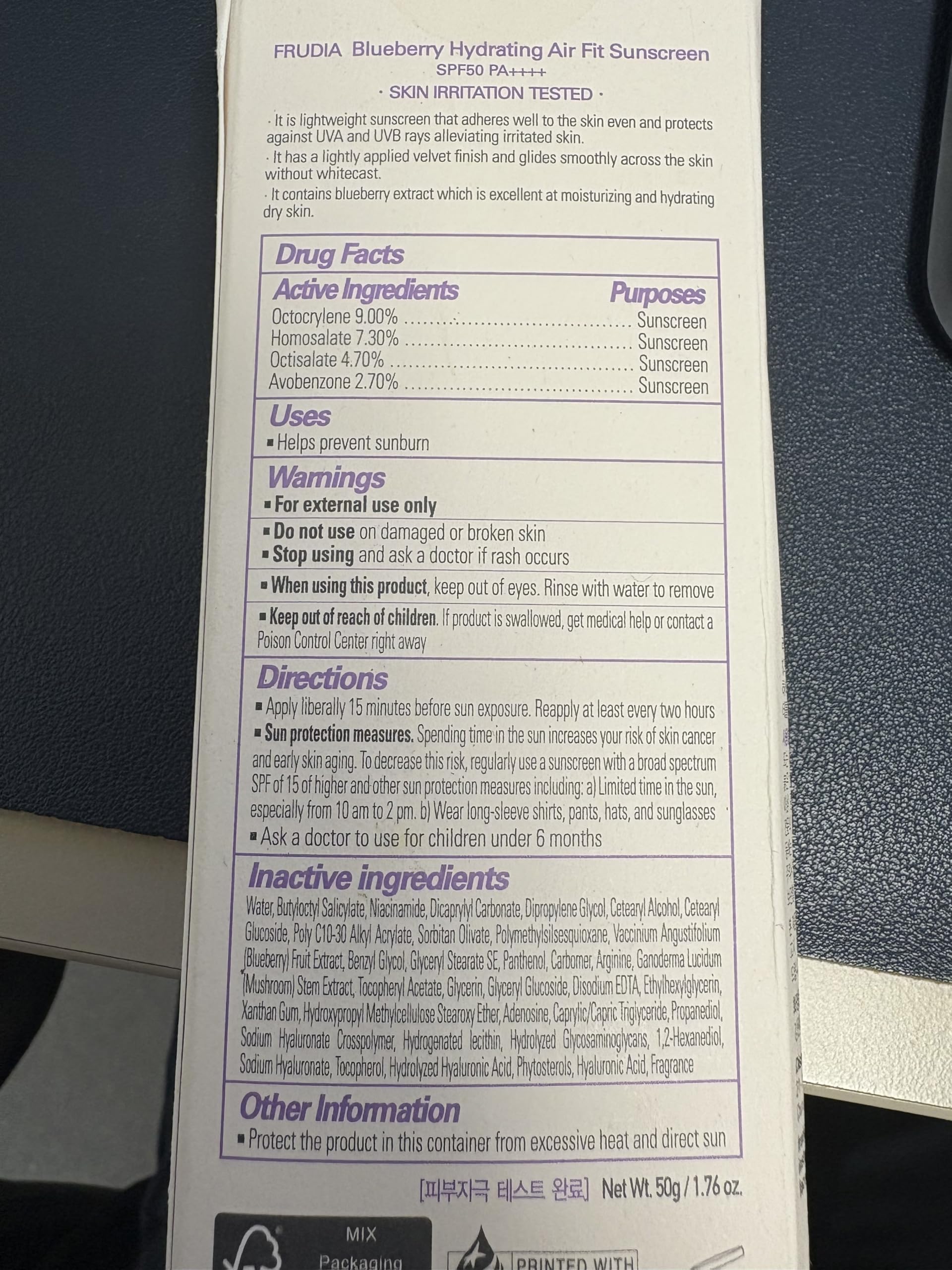 FRUDIA Blueberry Hydrating Air Fit Sunscreen SPF 50+ PA++++ | Ultra Lightweight, No White Cast | 1.76 oz