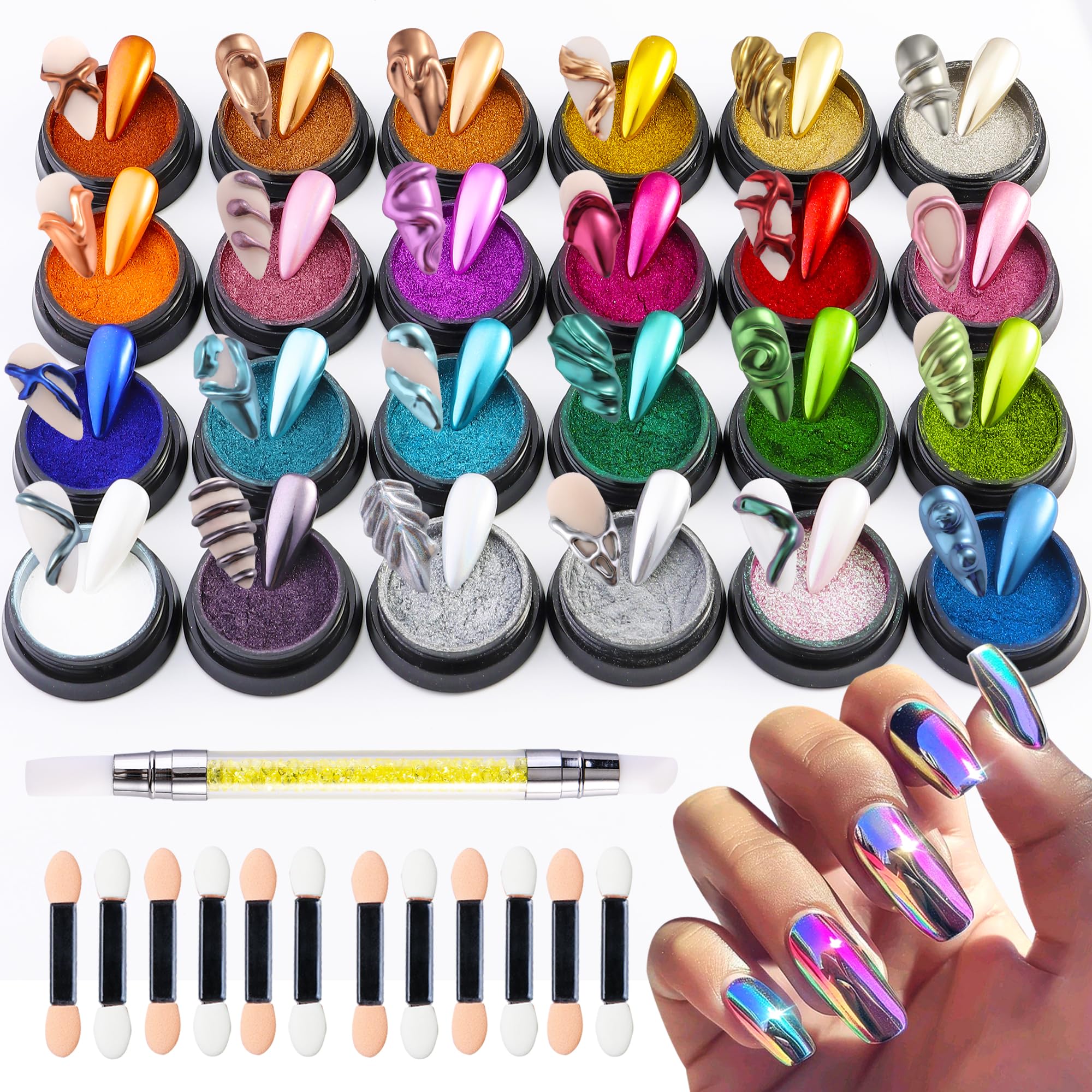 FSpronail 24 Colors Chrome Nail Powder Kit – Mirror Finish, Silicone Nail Brush Included