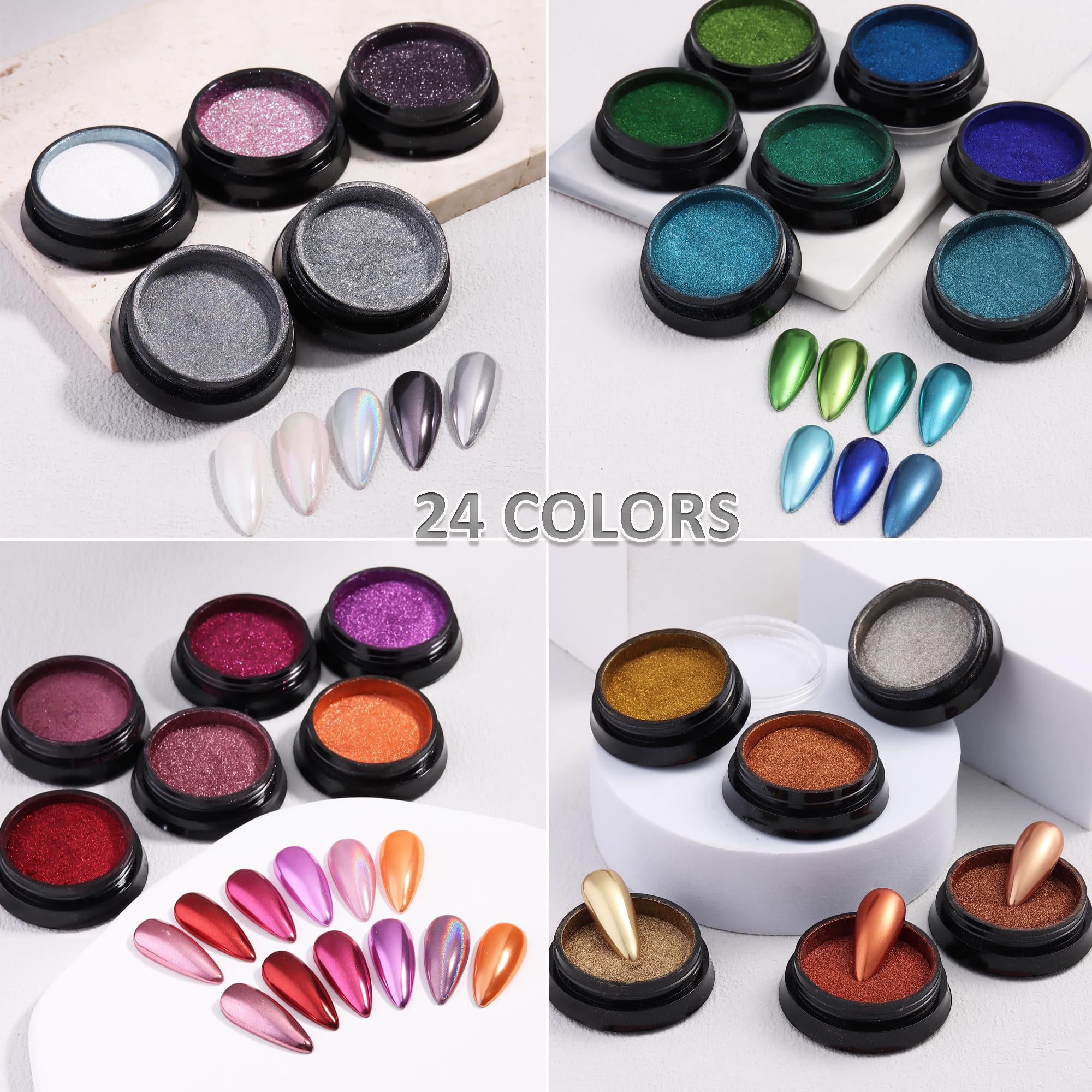 FSpronail 24 Colors Chrome Nail Powder Kit – Mirror Finish, Silicone Nail Brush Included