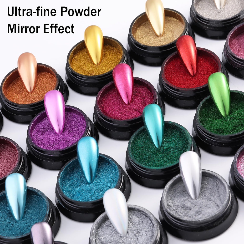 FSpronail 24 Colors Chrome Nail Powder Kit – Mirror Finish, Silicone Nail Brush Included