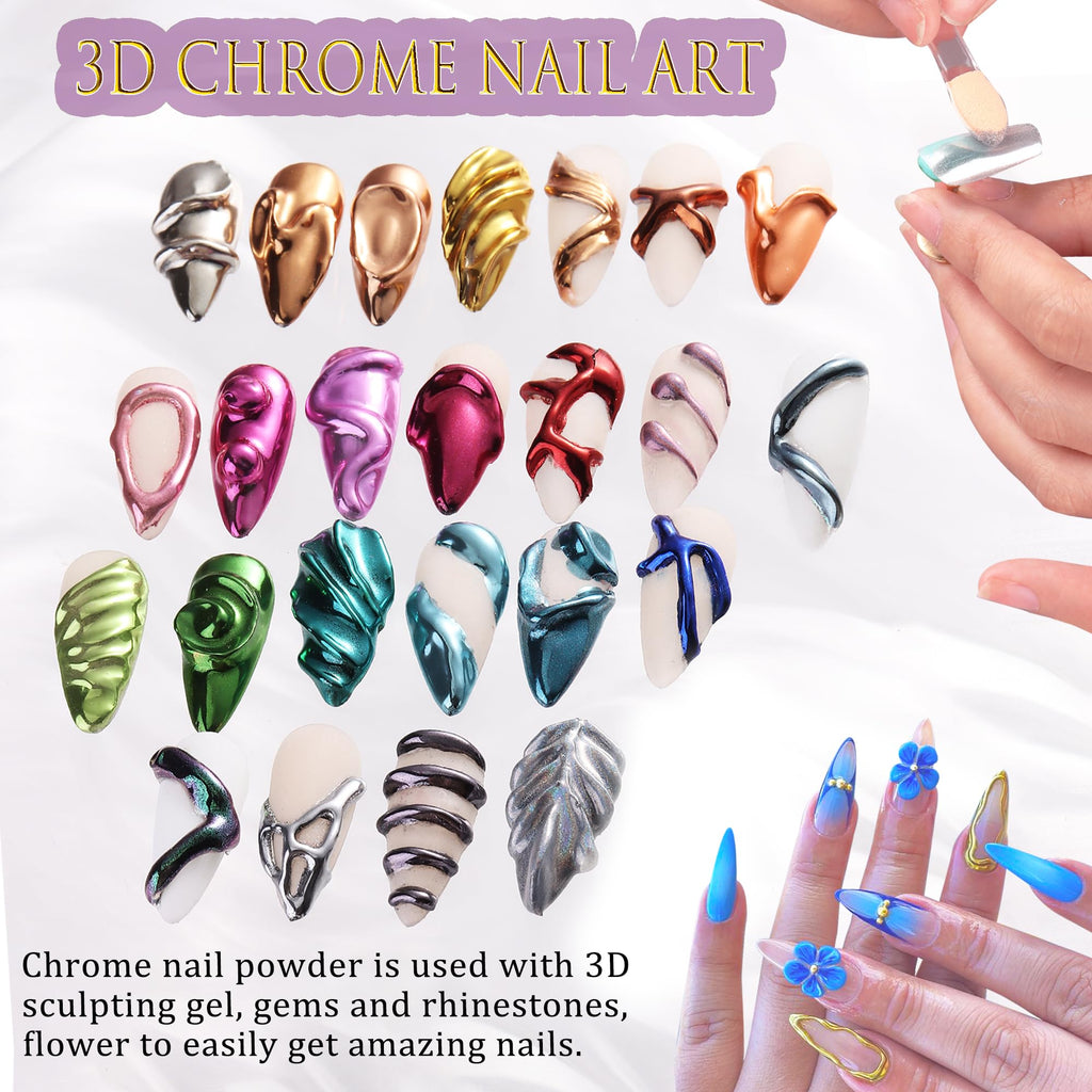 FSpronail 24 Colors Chrome Nail Powder Kit – Mirror Finish, Silicone Nail Brush Included