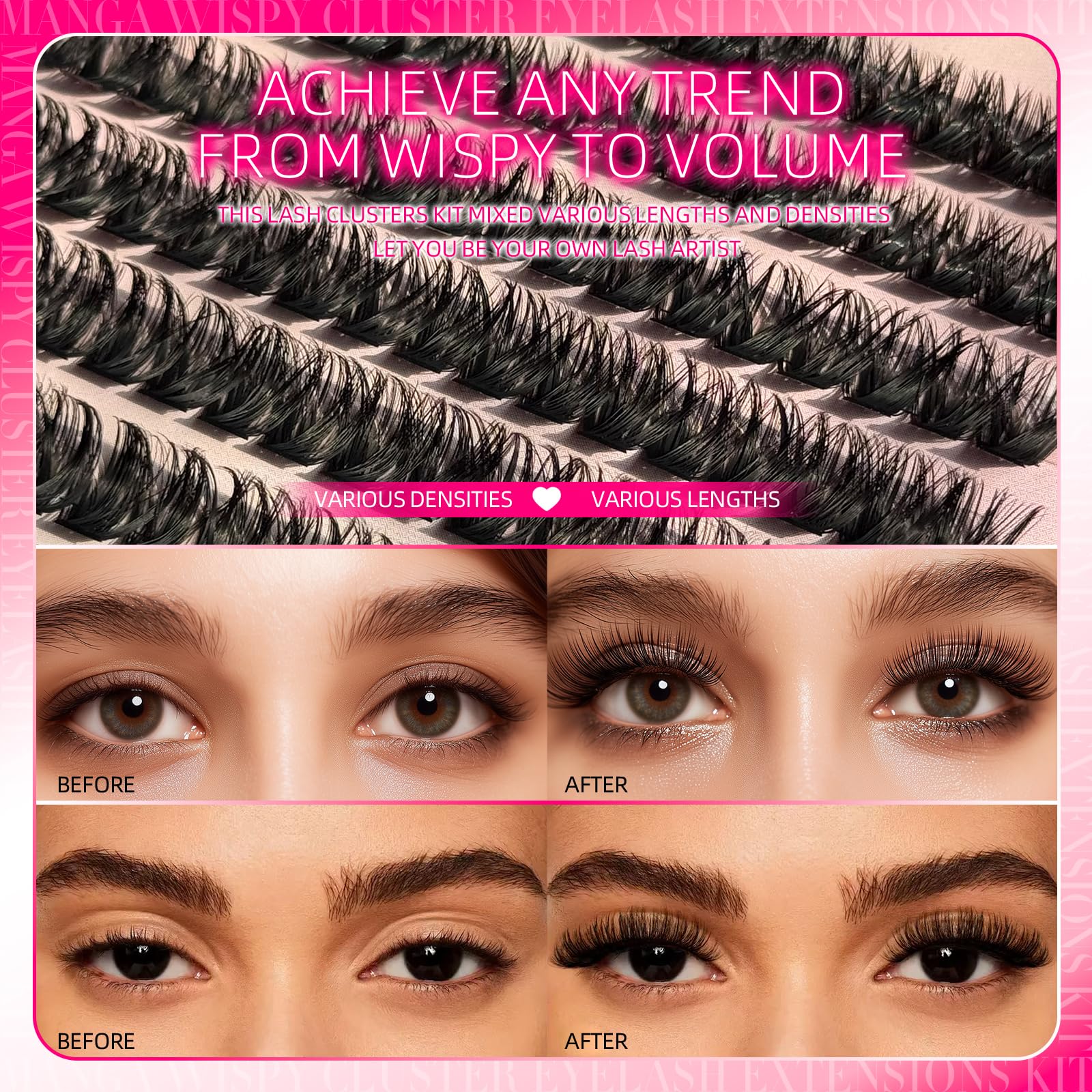 FTBZCF Lash Clusters Kit – 336pcs DIY 200D 10–18mm Lashes with Bond Seal & Tools