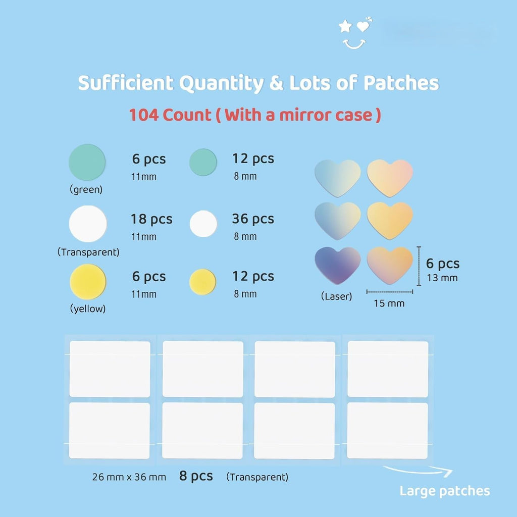 FUANKANG Pimple Patches – Hydrocolloid Face Patches, Yellow-Green Laser Heart, Mirror Case (Large, 104 Count)