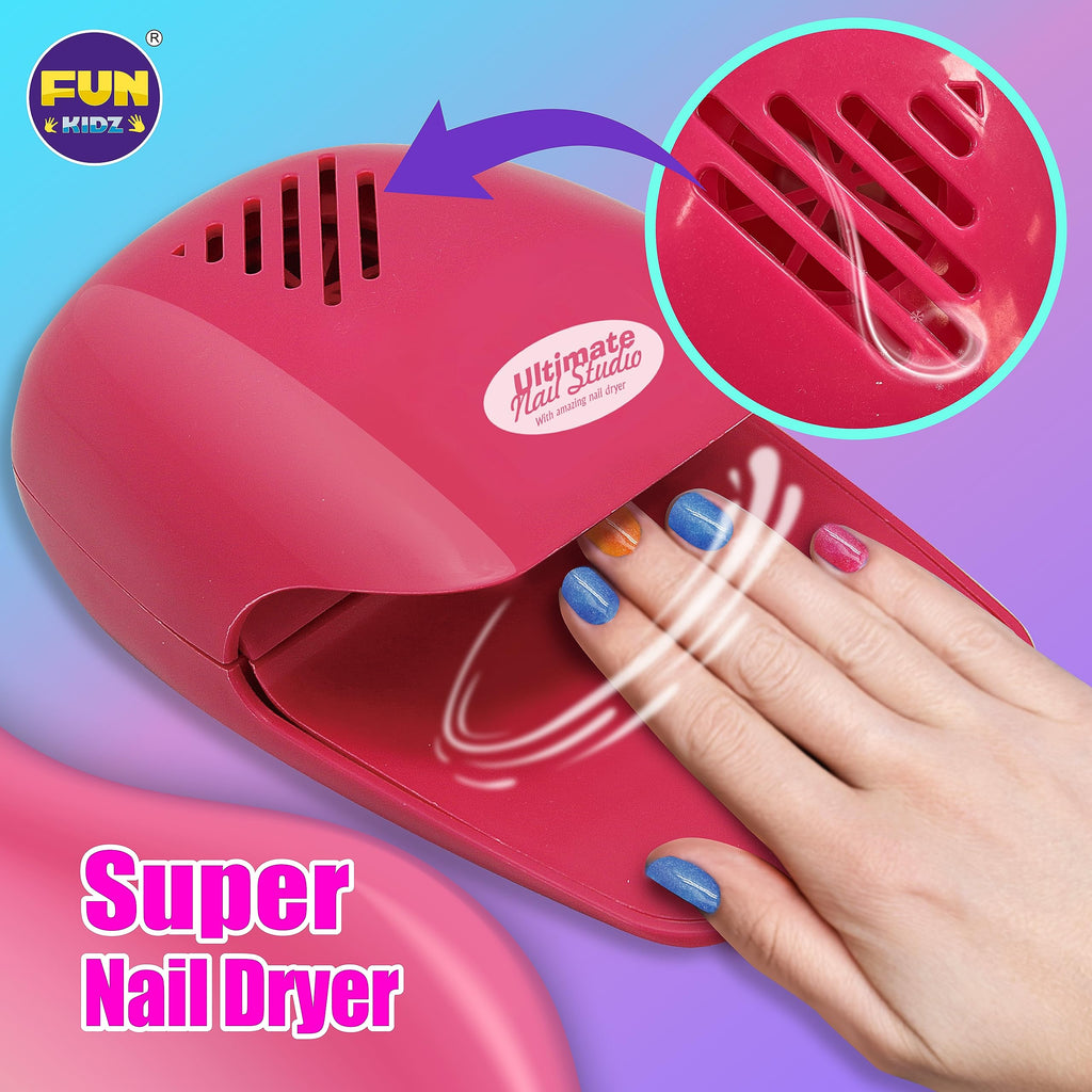FUN KIDZ Kid Nail Art Kit for Girls – Nail Studio Set with Peelable Polish & Dryer