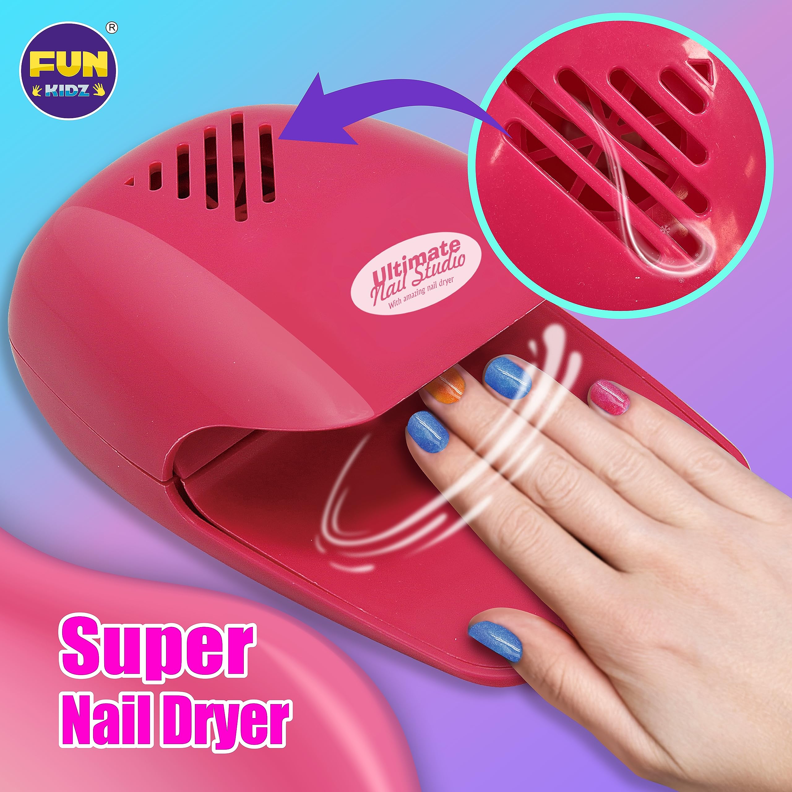 FUN KIDZ Kid Nail Art Kit for Girls – Nail Studio Set with Peelable Polish & Dryer