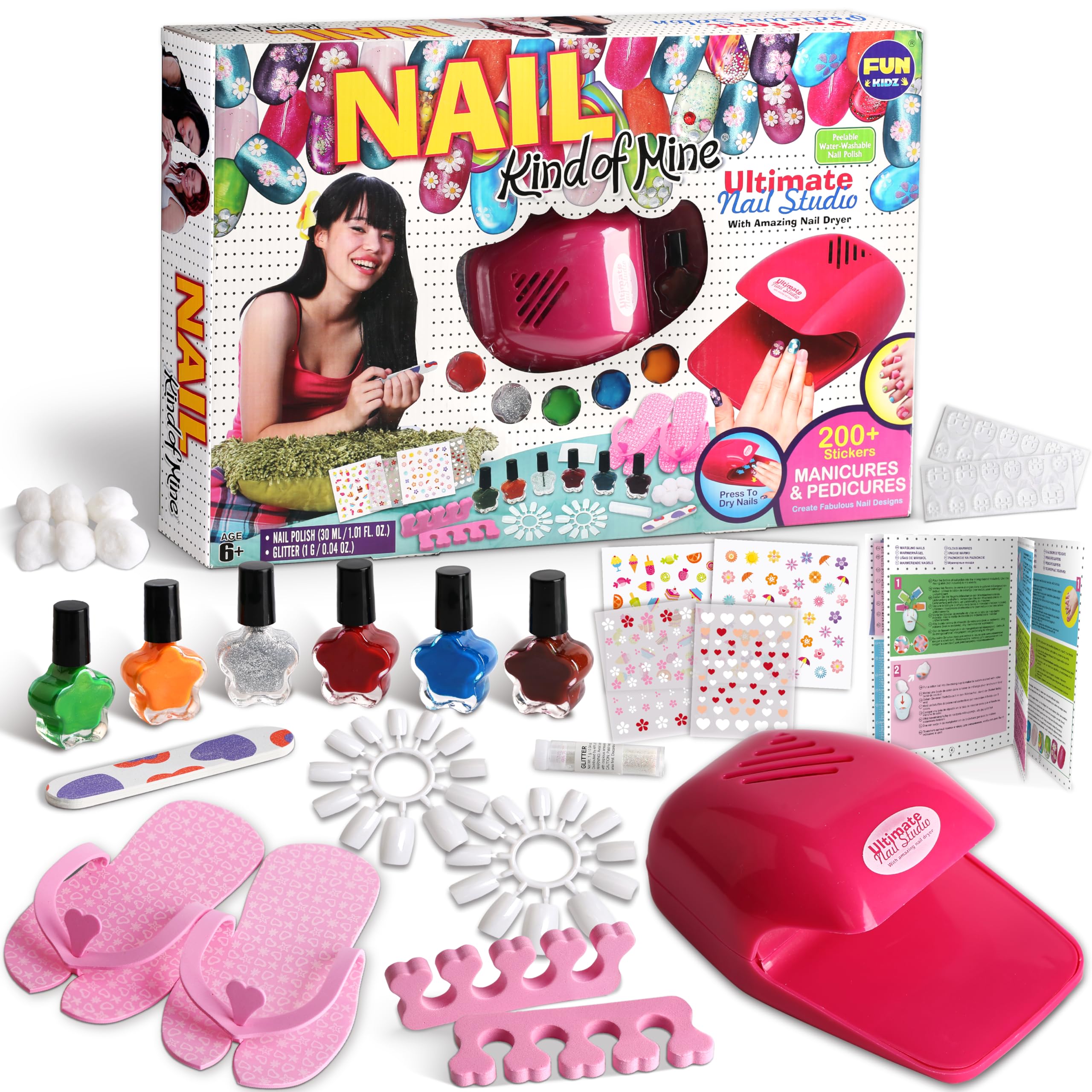 FUN KIDZ Kid Nail Art Kit for Girls – Nail Studio Set with Peelable Polish & Dryer