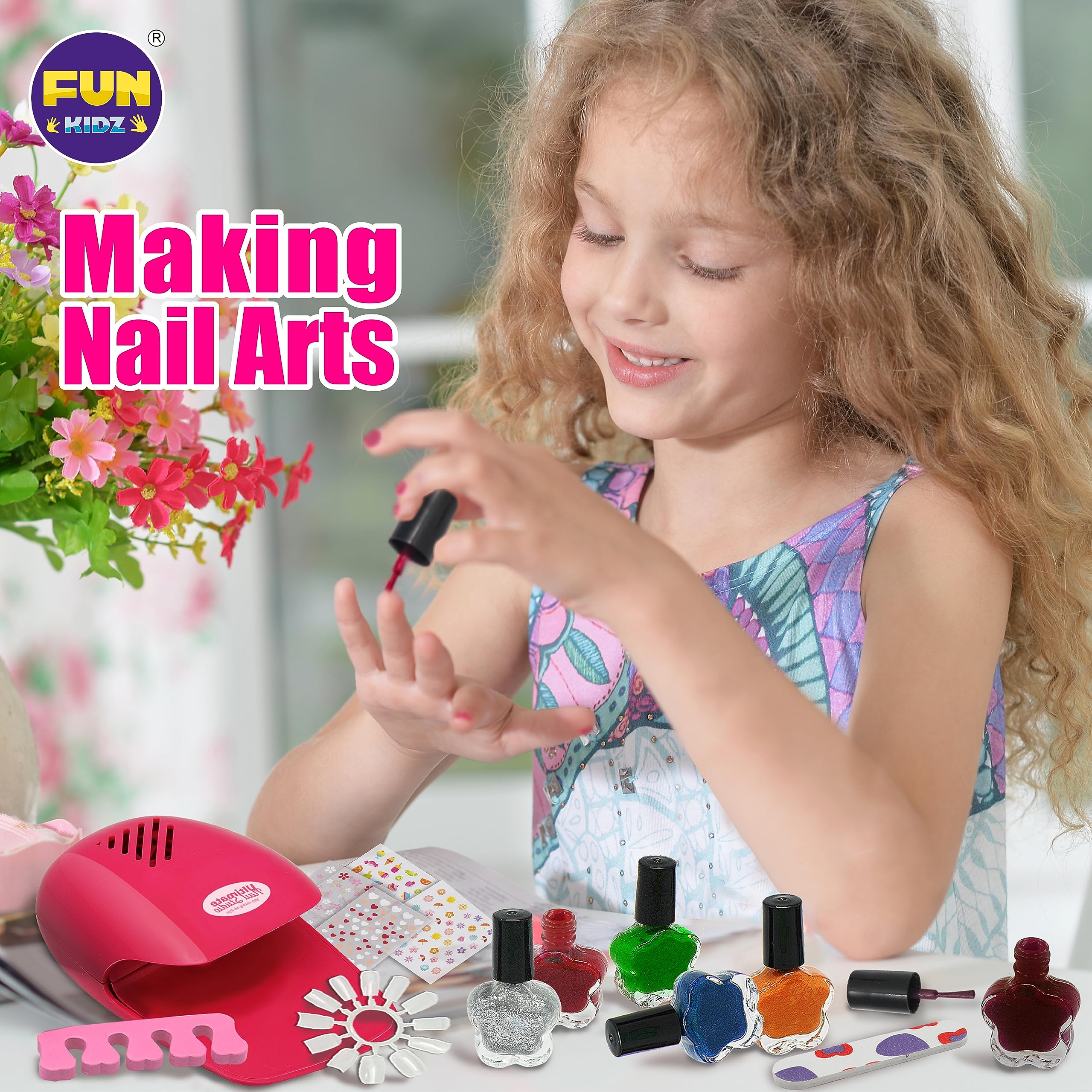 FUN KIDZ Kid Nail Art Kit for Girls – Nail Studio Set with Peelable Polish & Dryer