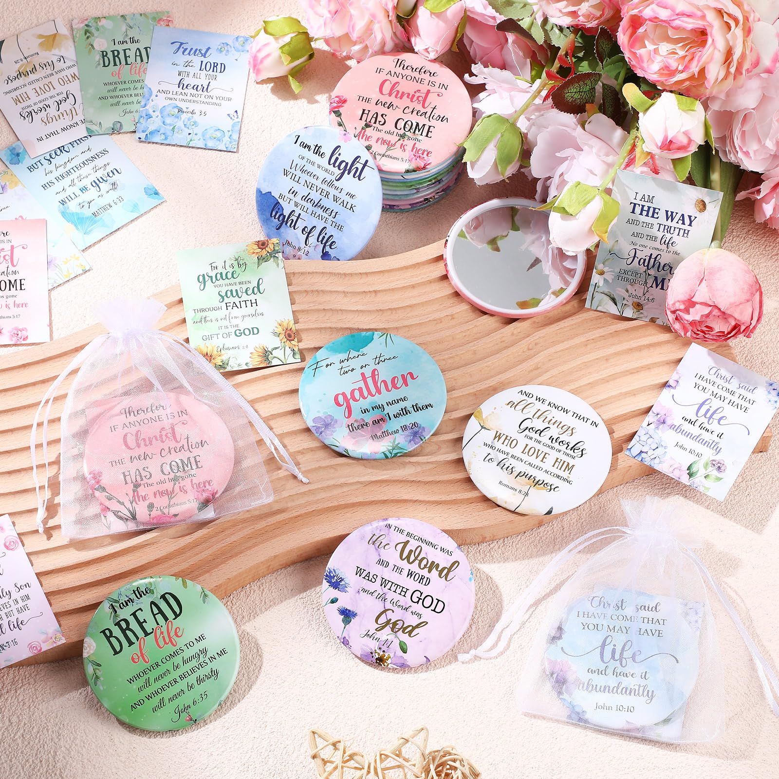 Funnymoom 48-Piece Christian Gifts for Women | Bible Verse Compact Mirror & Card Bags