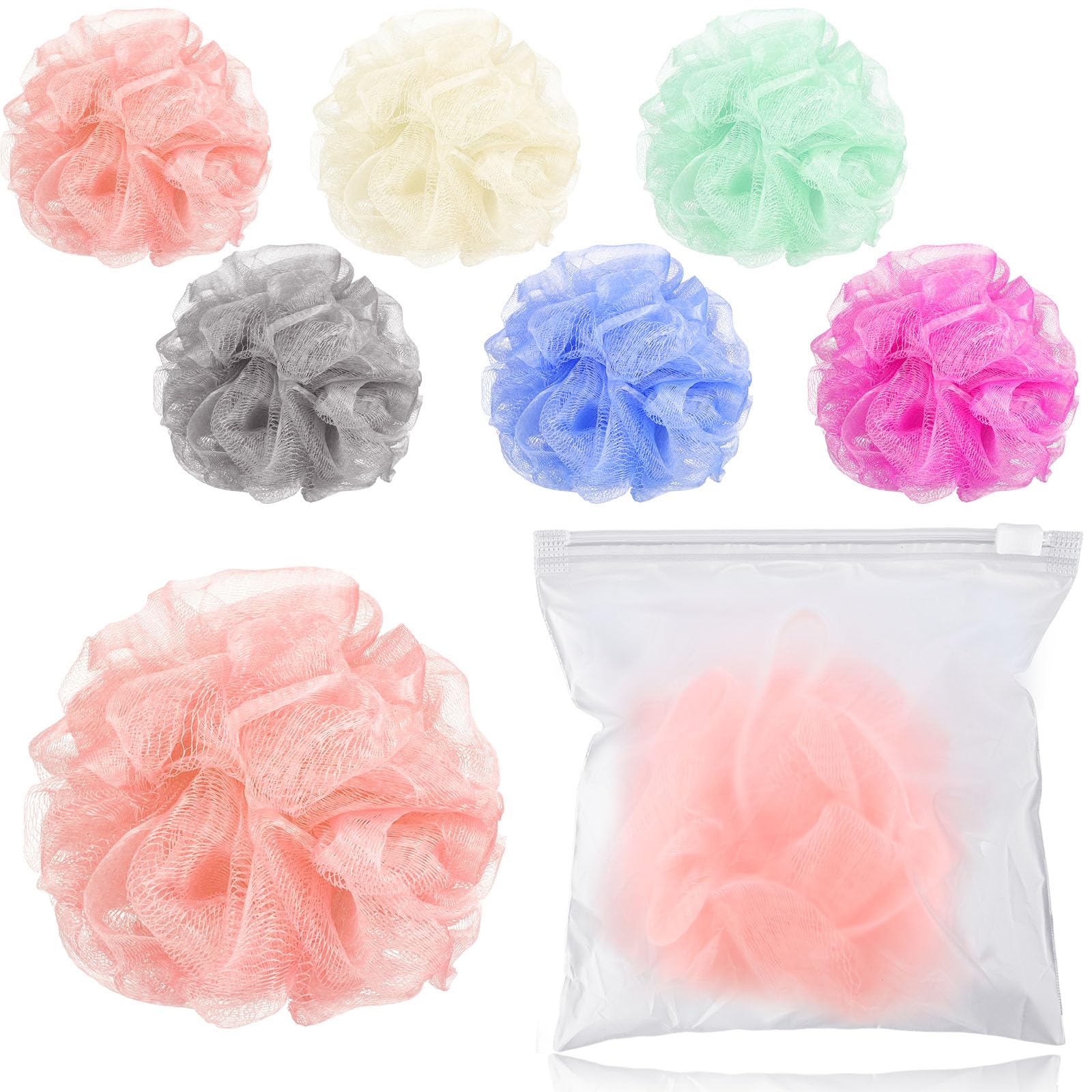 Funnymoom 6 Pcs Travel Size Loofah Set with Case – Pastel Mini Bath Puff (25g)