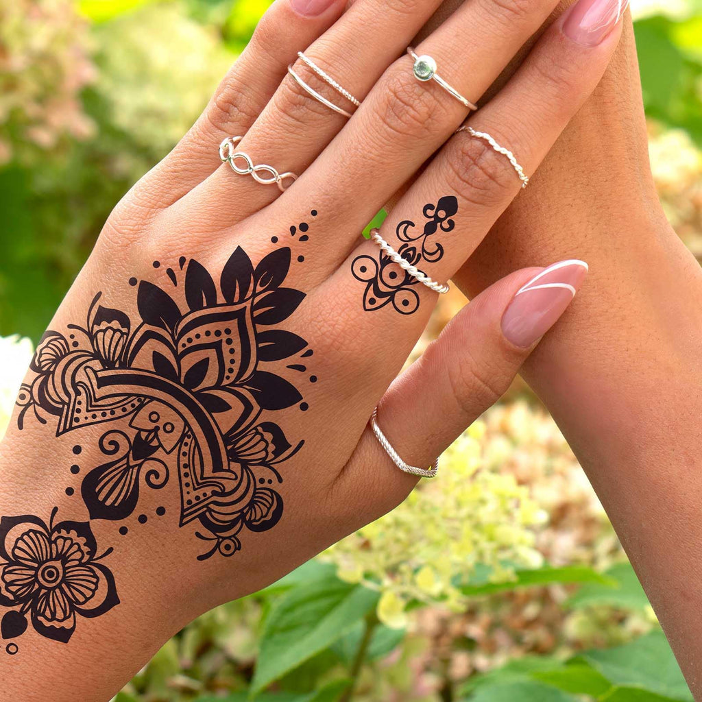 FUNTATTOO 10 Sheets Black Henna Tattoo Kit – Waterproof Temporary Stickers for Weddings, Parties, Festivals