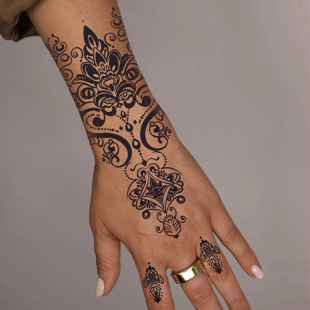 FUNTATTOO 10 Sheets Black Henna Tattoo Kit – Waterproof Temporary Stickers for Weddings, Parties, Festivals
