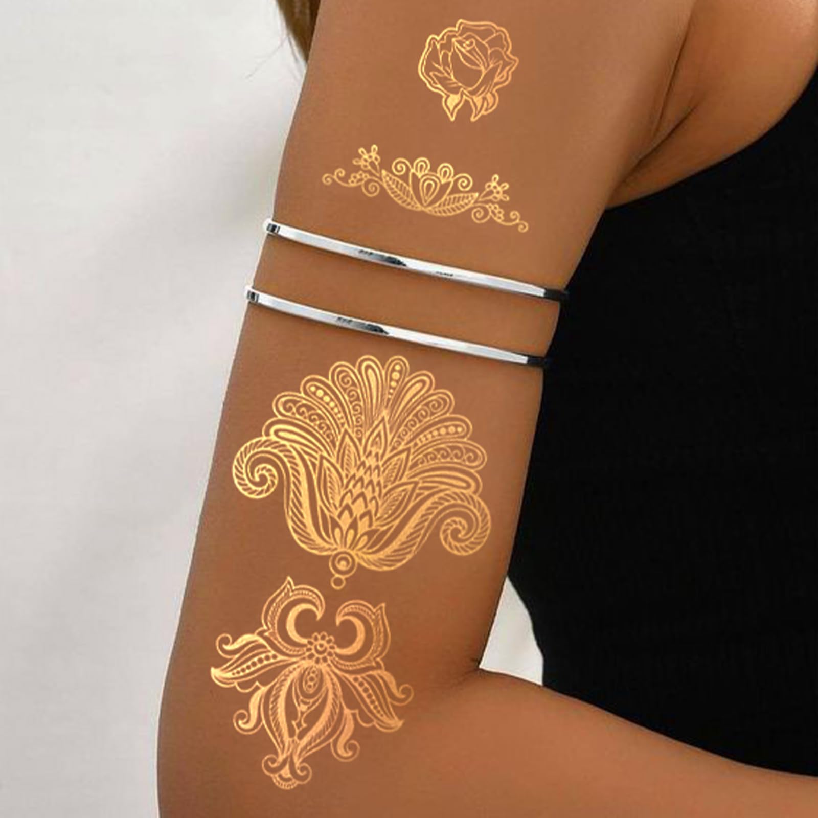 FUNTATTOO 10-Sheet Gold Henna Tattoo Kit – Gold Temporary Tattoos for Arms & Hands