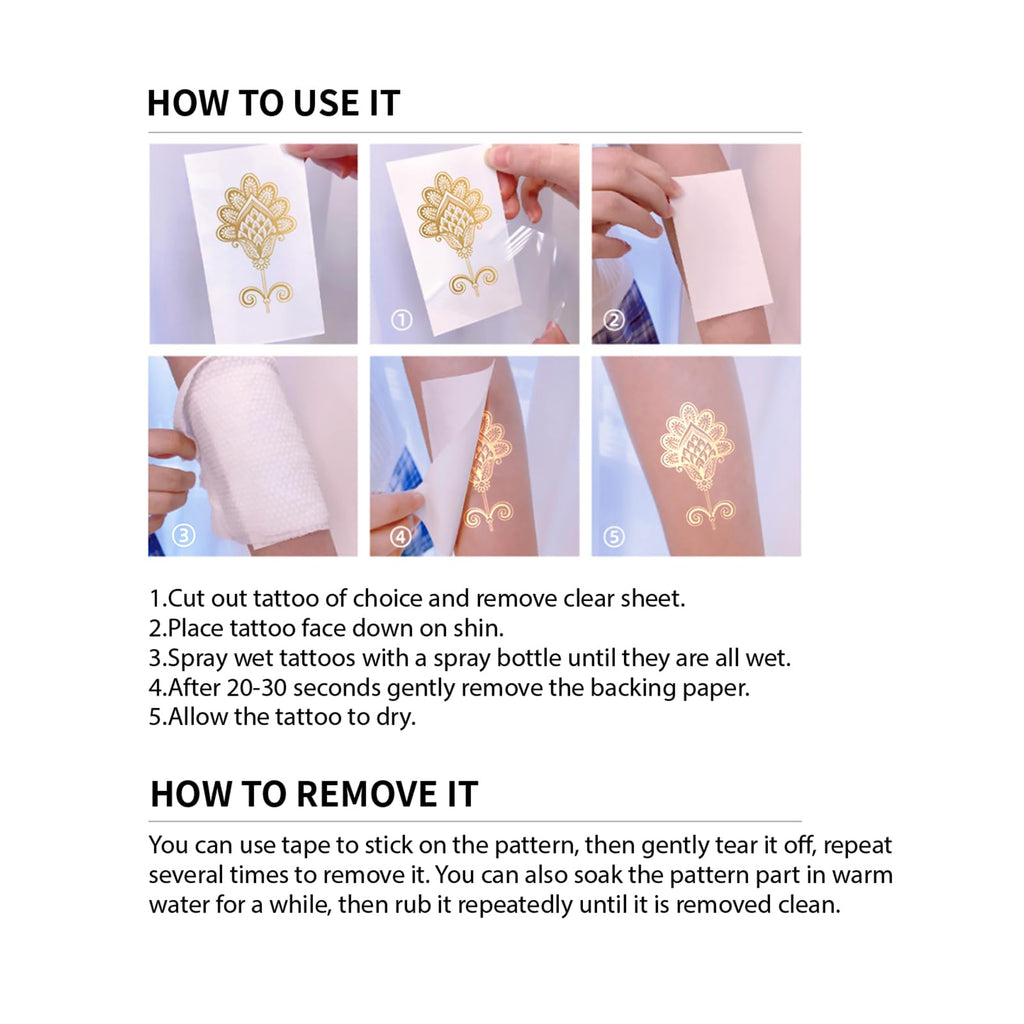 FUNTATTOO 10-Sheet Gold Henna Tattoo Kit – Gold Temporary Tattoos for Arms & Hands