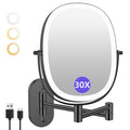 FUNTOUCH 30X/1X Wall Mounted Lighted Makeup Mirror — 5000mAh Battery, 3 Color Lights, 360° Swivel, Foldable, Black