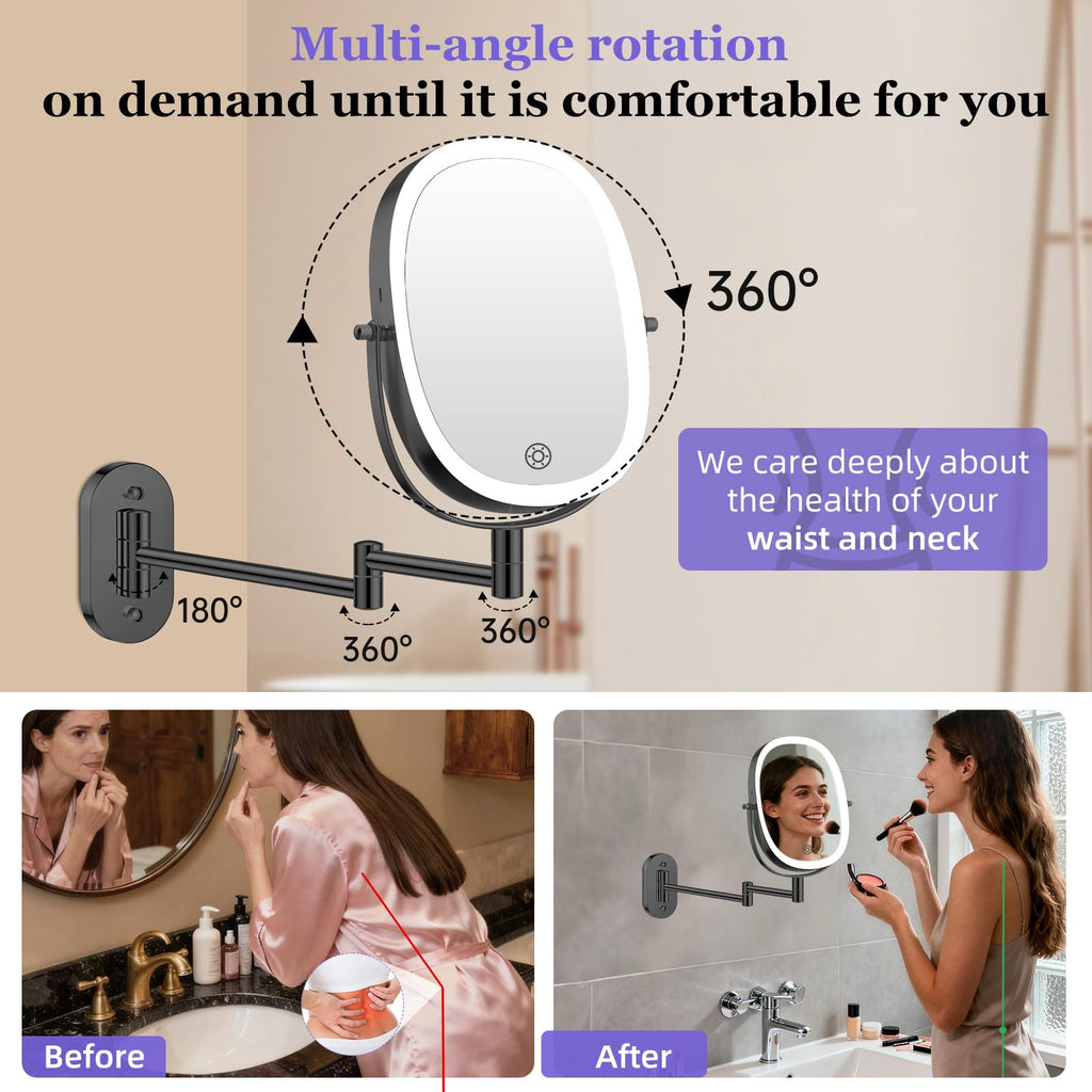 FUNTOUCH 30X/1X Wall Mounted Lighted Makeup Mirror — 5000mAh Battery, 3 Color Lights, 360° Swivel, Foldable, Black