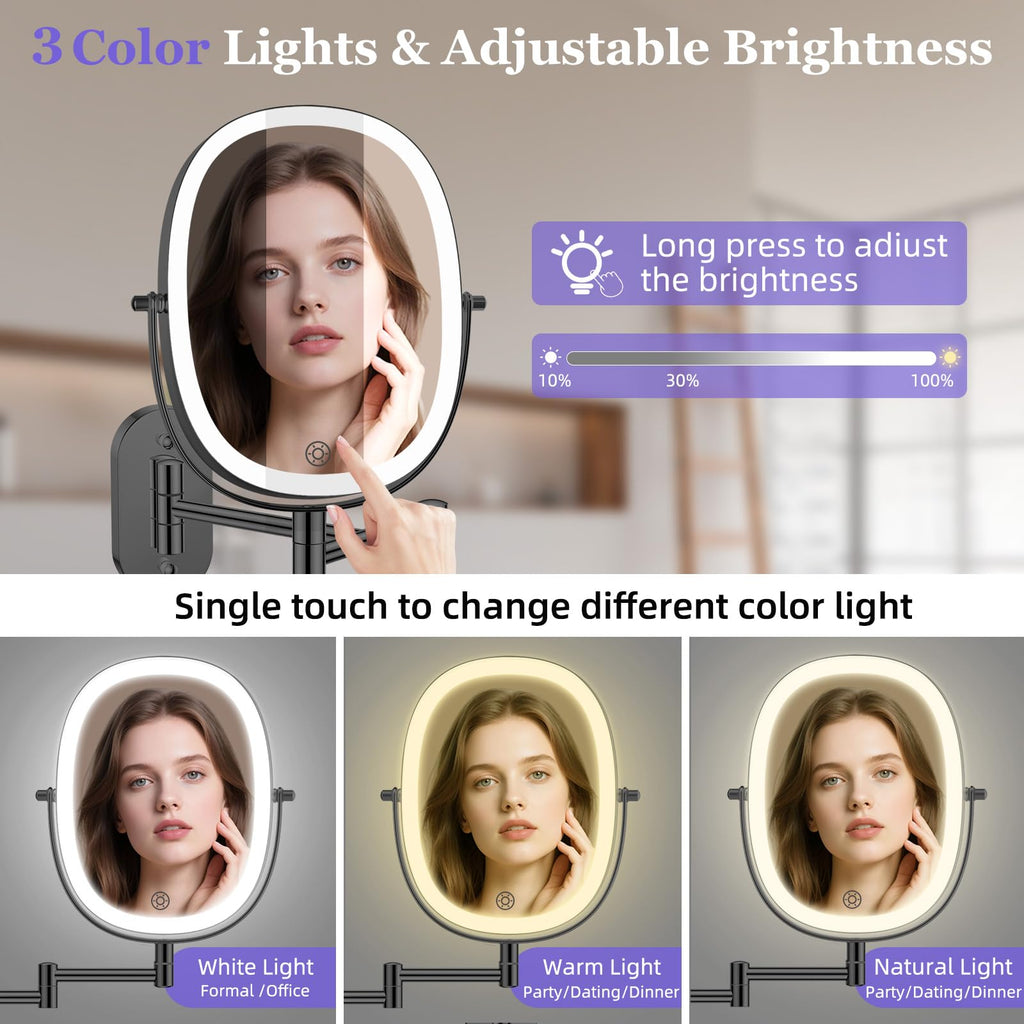 FUNTOUCH 30X/1X Wall Mounted Lighted Makeup Mirror — 5000mAh Battery, 3 Color Lights, 360° Swivel, Foldable, Black