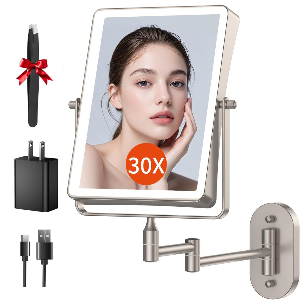 FUNTOUCH 5000mAh Rechargeable Wall Mounted Makeup Mirror - 8.7-inch - 1X/30X Magnification - Dimmable 3-Color LED