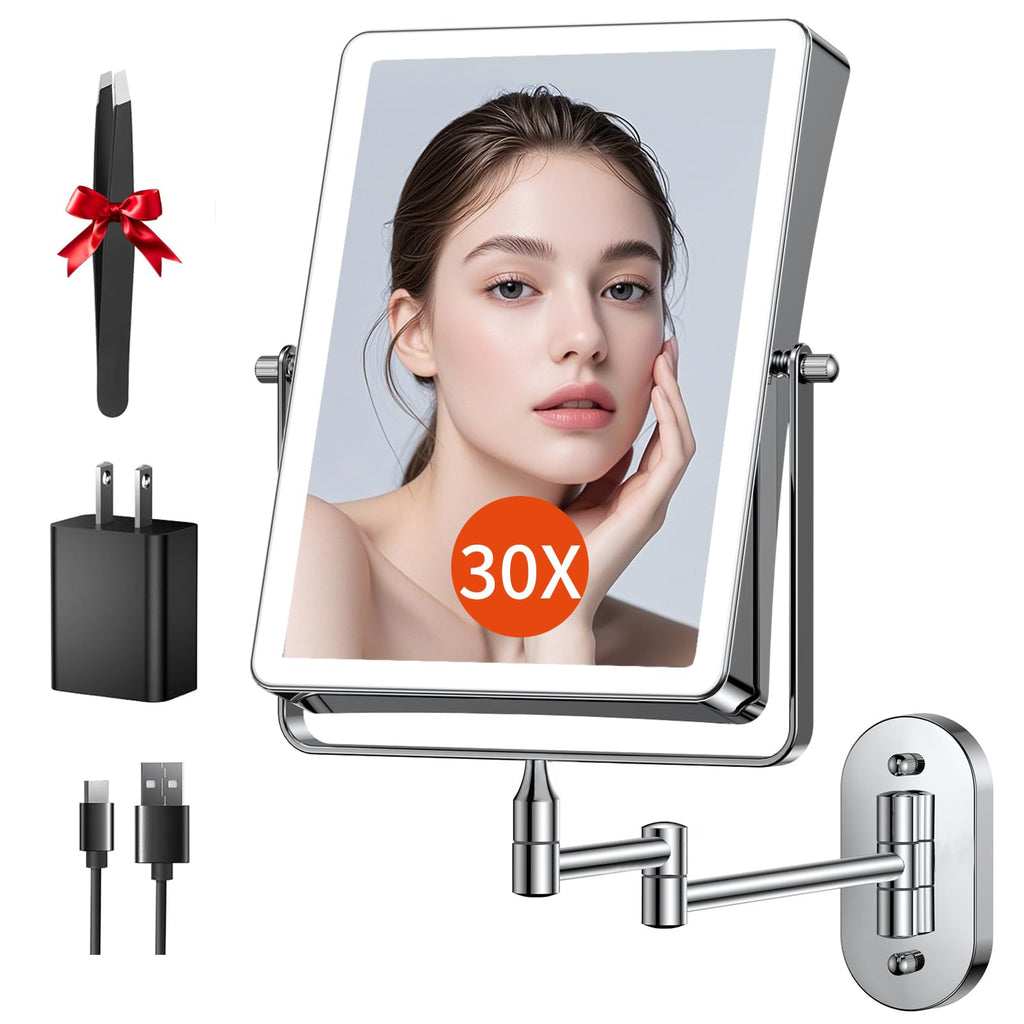 FUNTOUCH 8.7-Inch Wall Mounted Lighted Makeup Mirror | 1X/30X Magnification | 5000mAh Rechargeable, Dimmable 3-Color Lighting