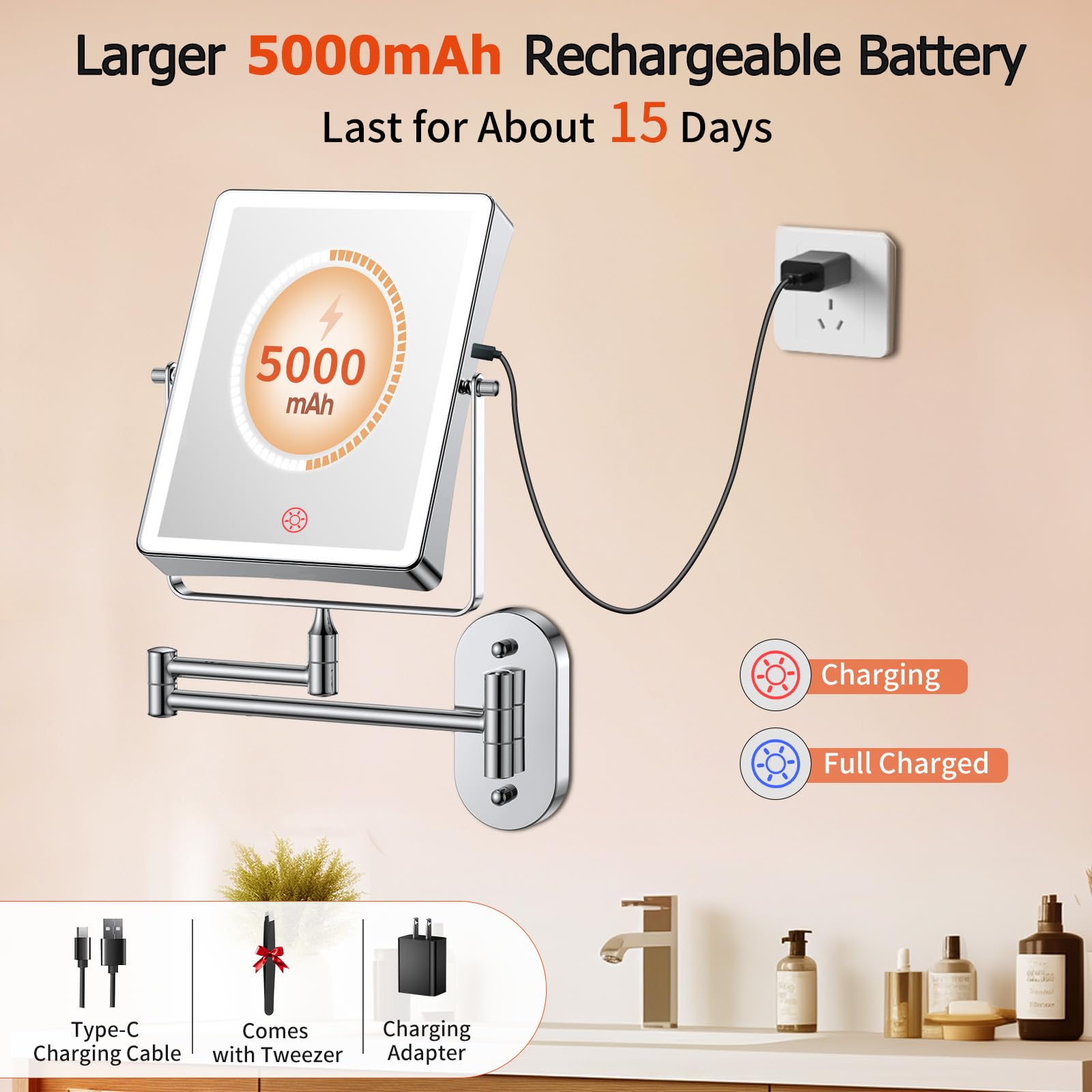 FUNTOUCH 8.7-Inch Wall Mounted Lighted Makeup Mirror | 1X/30X Magnification | 5000mAh Rechargeable, Dimmable 3-Color Lighting