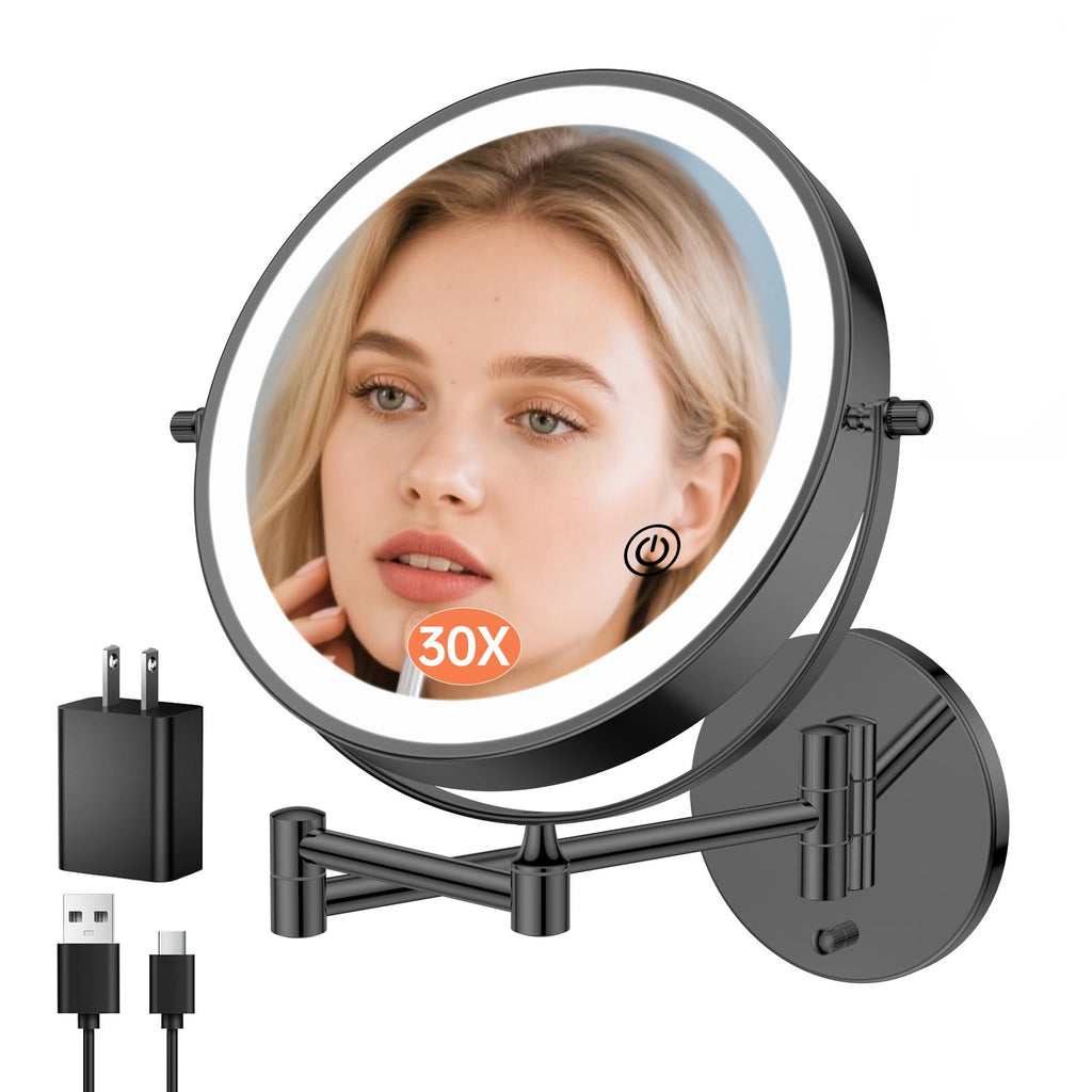 FUNTOUCH 9-Inch 30X/1X Wall Mounted Lighted Makeup Mirror – 5000mAh, 3-Color Lights, Dimmable