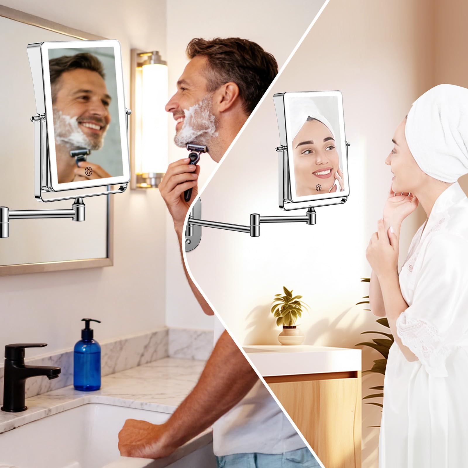 FUNTOUCH 8.7-Inch Wall Mounted Lighted Makeup Mirror | 1X/30X Magnification | 5000mAh Rechargeable, Dimmable 3-Color Lighting
