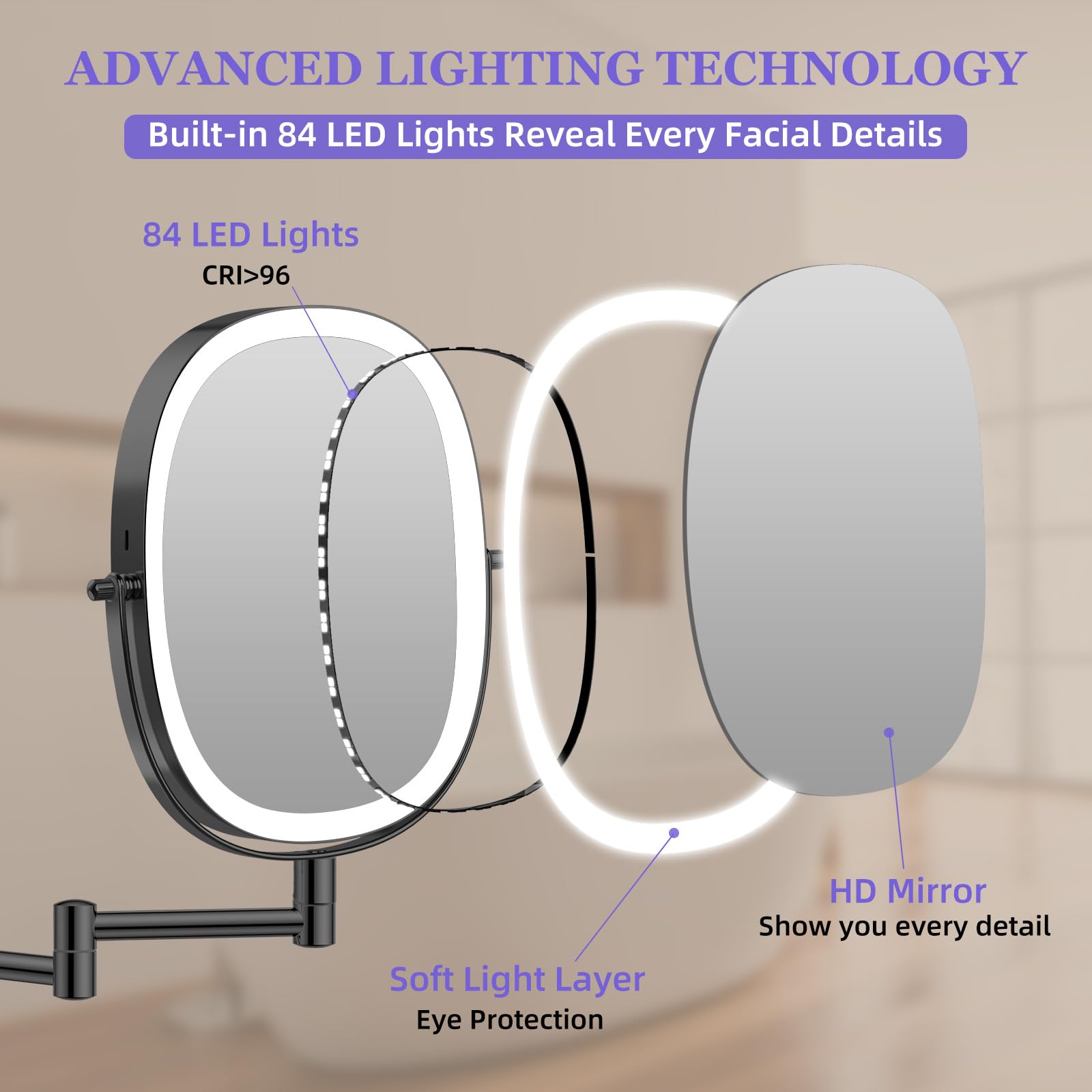 FUNTOUCH 30X/1X Wall Mounted Lighted Makeup Mirror — 5000mAh Battery, 3 Color Lights, 360° Swivel, Foldable, Black