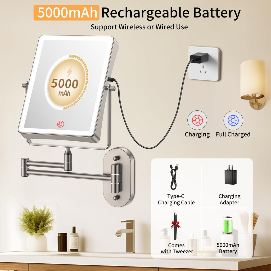 FUNTOUCH 5000mAh Rechargeable Wall Mounted Makeup Mirror - 8.7-inch - 1X/30X Magnification - Dimmable 3-Color LED