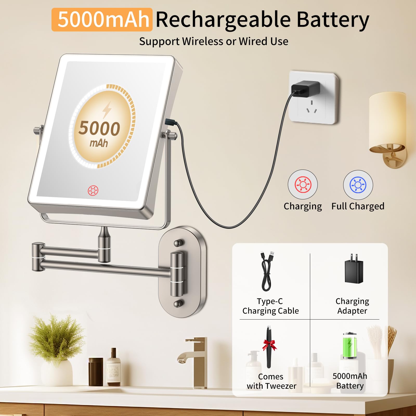 FUNTOUCH 5000mAh Rechargeable Wall Mounted Makeup Mirror - 8.7-inch - 1X/30X Magnification - Dimmable 3-Color LED