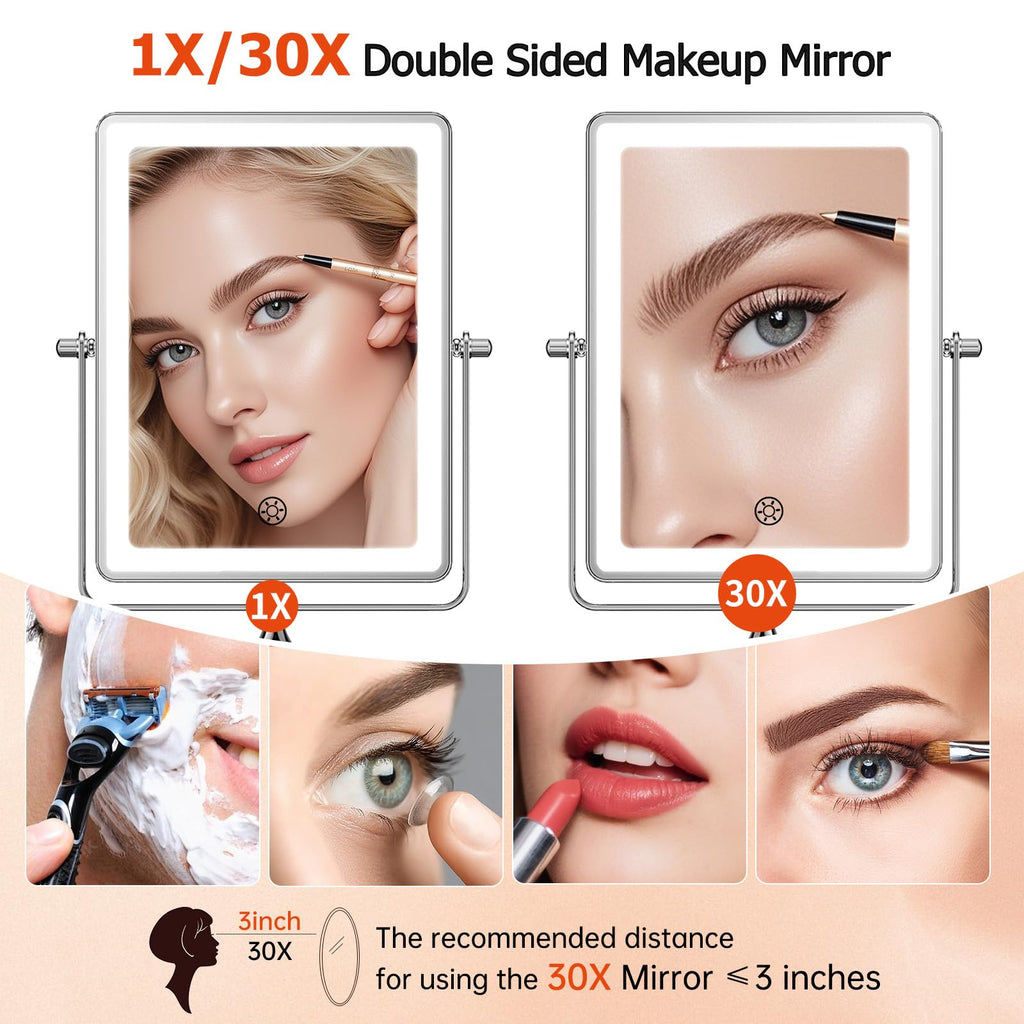 FUNTOUCH 8.7-Inch Wall Mounted Lighted Makeup Mirror | 1X/30X Magnification | 5000mAh Rechargeable, Dimmable 3-Color Lighting