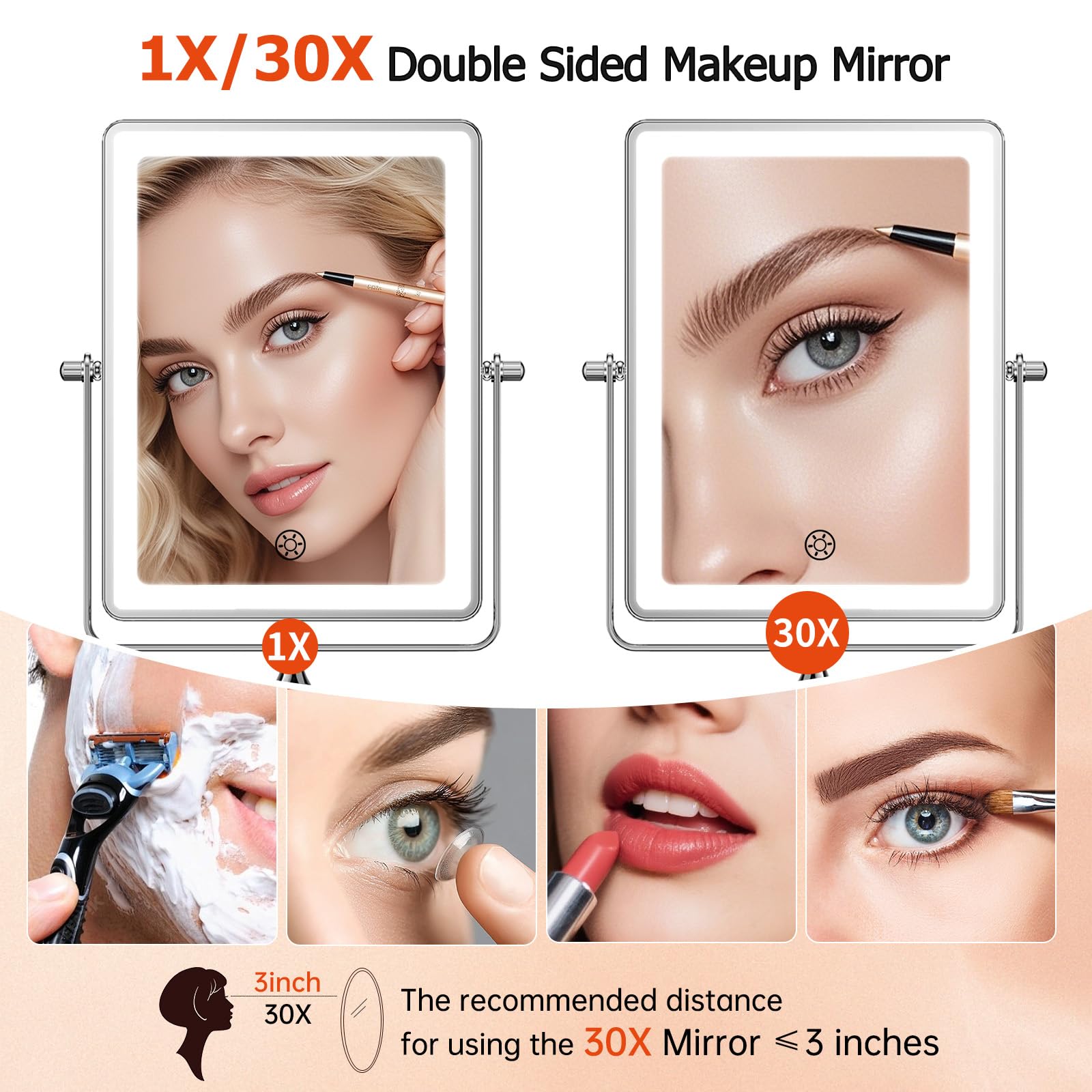FUNTOUCH 8.7-Inch Wall Mounted Lighted Makeup Mirror | 1X/30X Magnification | 5000mAh Rechargeable, Dimmable 3-Color Lighting