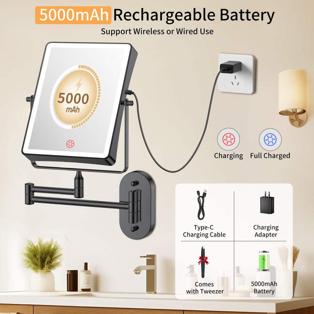 FUNTOUCH 5000mAh Rechargeable Wall-Mounted Makeup Mirror – 8.7-inch Dual-Sided 1X/30X Magnification, Dimmable 3-Color Lighting, 360° Swing Arm