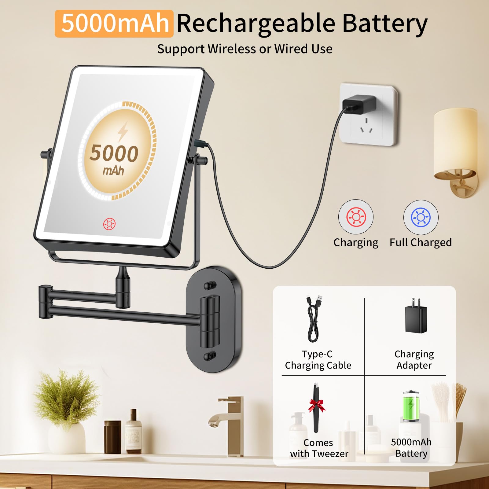 FUNTOUCH 5000mAh Rechargeable Wall-Mounted Makeup Mirror – 8.7-inch Dual-Sided 1X/30X Magnification, Dimmable 3-Color Lighting, 360° Swing Arm
