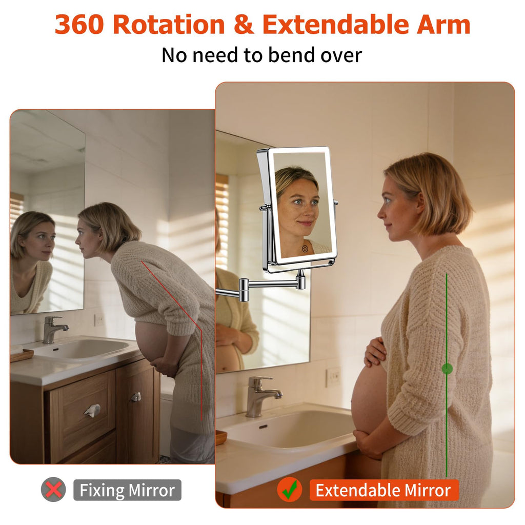 FUNTOUCH 8.7-Inch Wall Mounted Lighted Makeup Mirror | 1X/30X Magnification | 5000mAh Rechargeable, Dimmable 3-Color Lighting