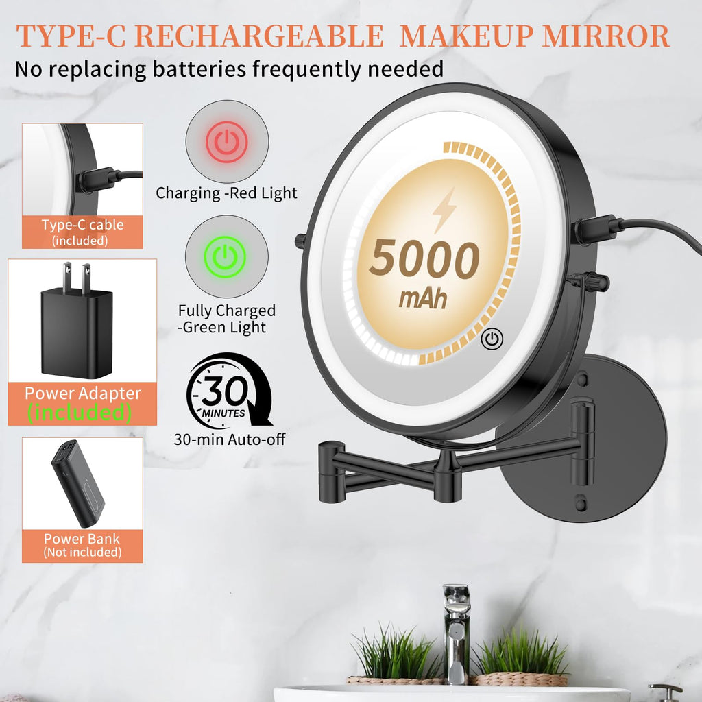FUNTOUCH 9-Inch 30X/1X Wall Mounted Lighted Makeup Mirror – 5000mAh, 3-Color Lights, Dimmable