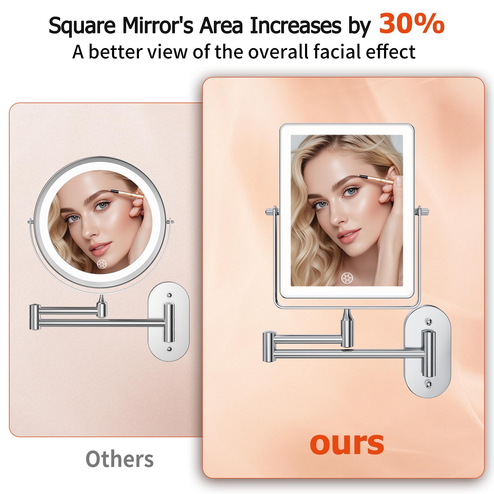 FUNTOUCH 8.7-Inch Wall Mounted Lighted Makeup Mirror | 1X/30X Magnification | 5000mAh Rechargeable, Dimmable 3-Color Lighting