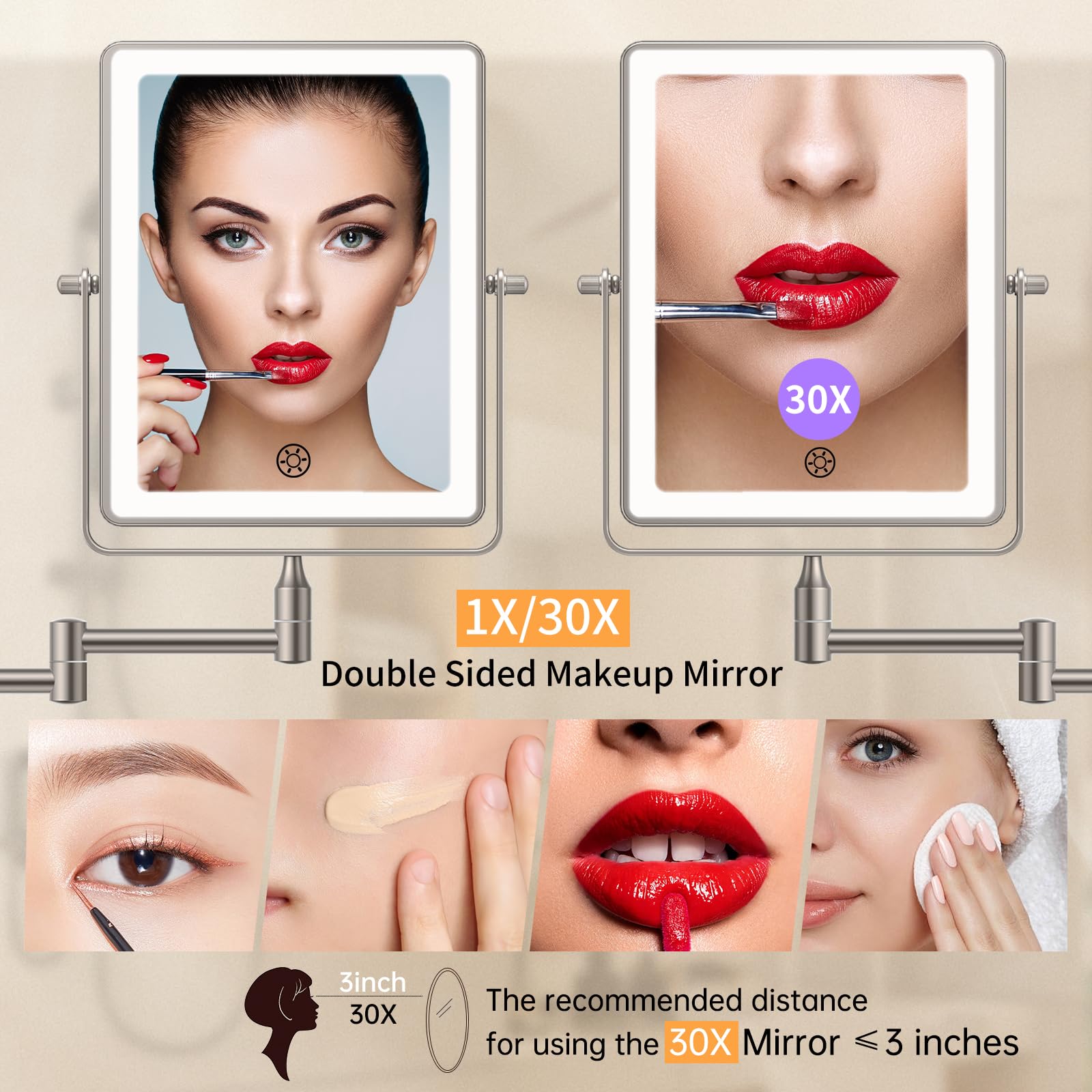 FUNTOUCH 5000mAh Rechargeable Wall Mounted Makeup Mirror - 8.7-inch - 1X/30X Magnification - Dimmable 3-Color LED