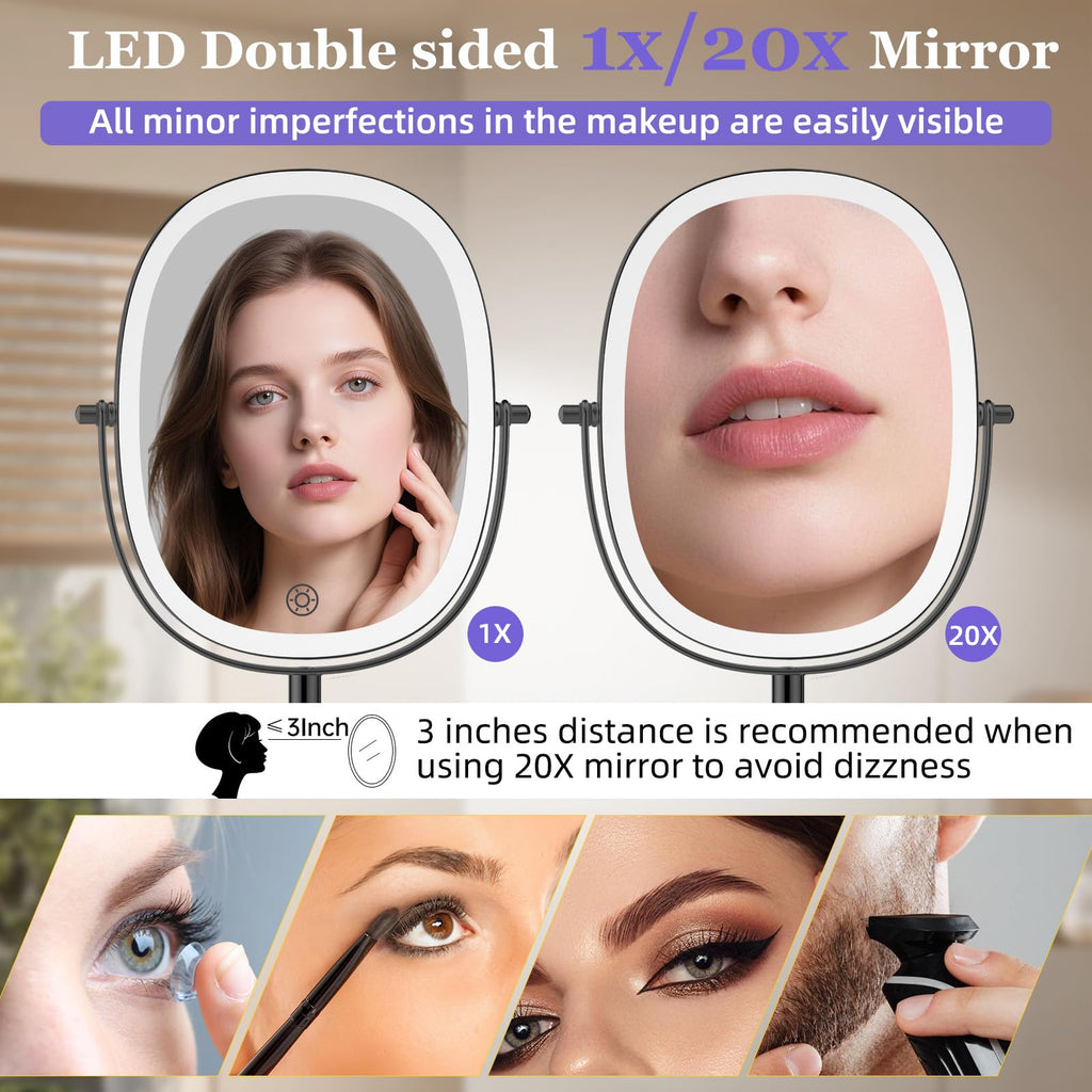 FUNTOUCH 30X/1X Wall Mounted Lighted Makeup Mirror — 5000mAh Battery, 3 Color Lights, 360° Swivel, Foldable, Black