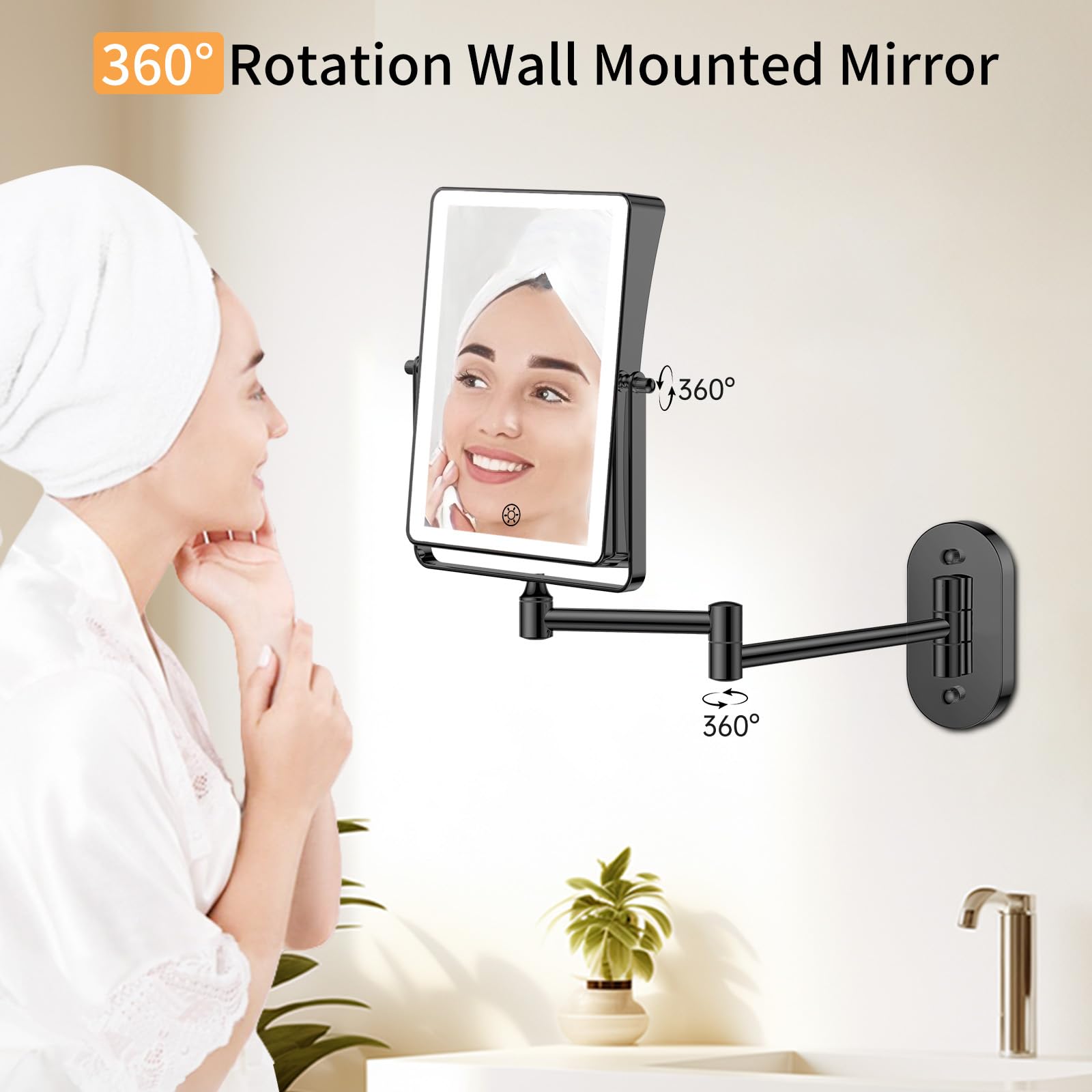 FUNTOUCH 5000mAh Rechargeable Wall-Mounted Makeup Mirror – 8.7-inch Dual-Sided 1X/30X Magnification, Dimmable 3-Color Lighting, 360° Swing Arm