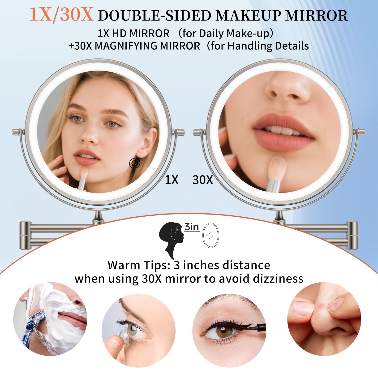 FUNTOUCH 9-Inch LED Wall Mount Makeup Mirror – 30X/1X, 5000mAh, 3-Color Dimmable Lights, Brush Nickel