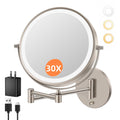 FUNTOUCH 9-Inch LED Wall Mount Makeup Mirror – 30X/1X, 5000mAh, 3-Color Dimmable Lights, Brush Nickel