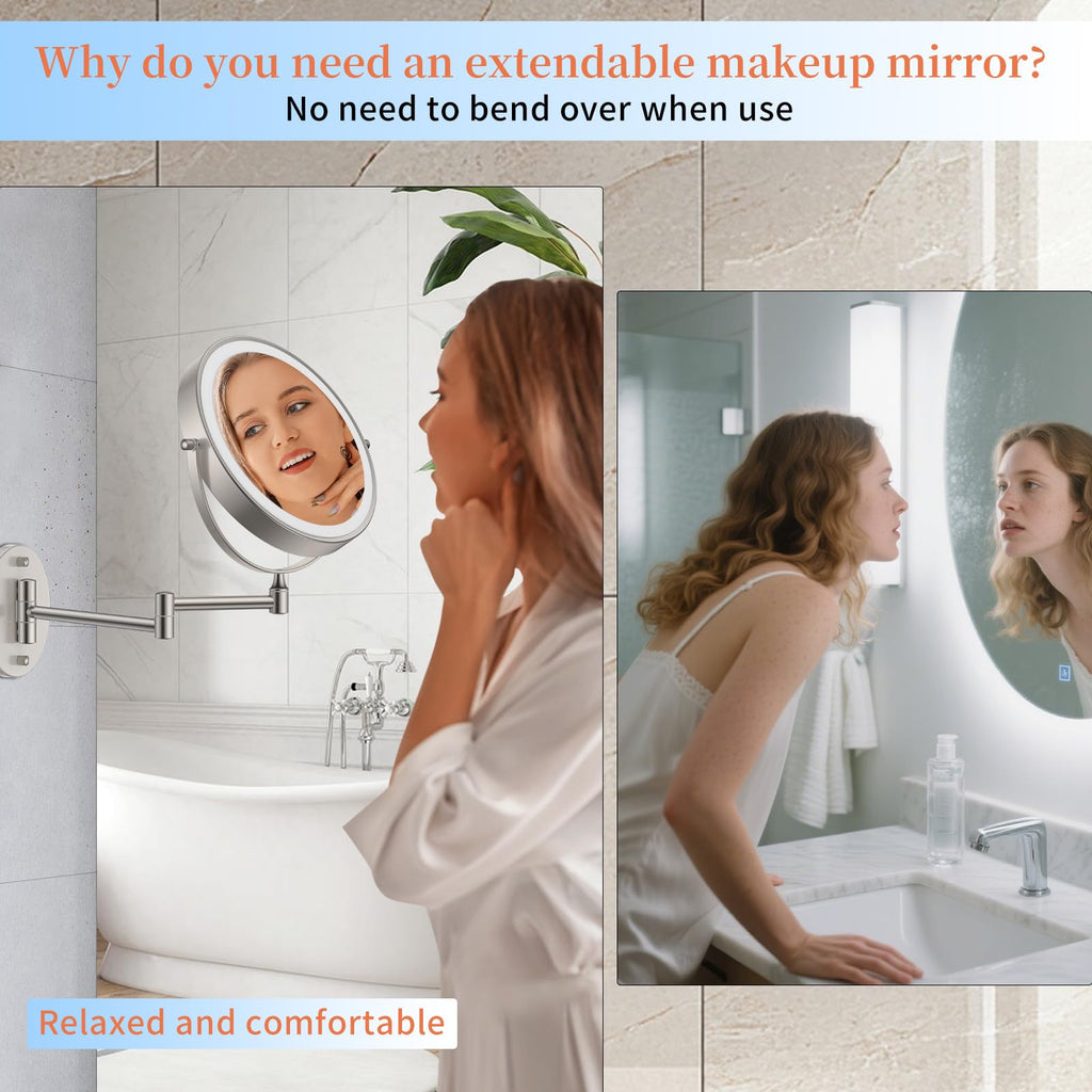 FUNTOUCH 9-Inch LED Wall Mount Makeup Mirror – 30X/1X, 5000mAh, 3-Color Dimmable Lights, Brush Nickel