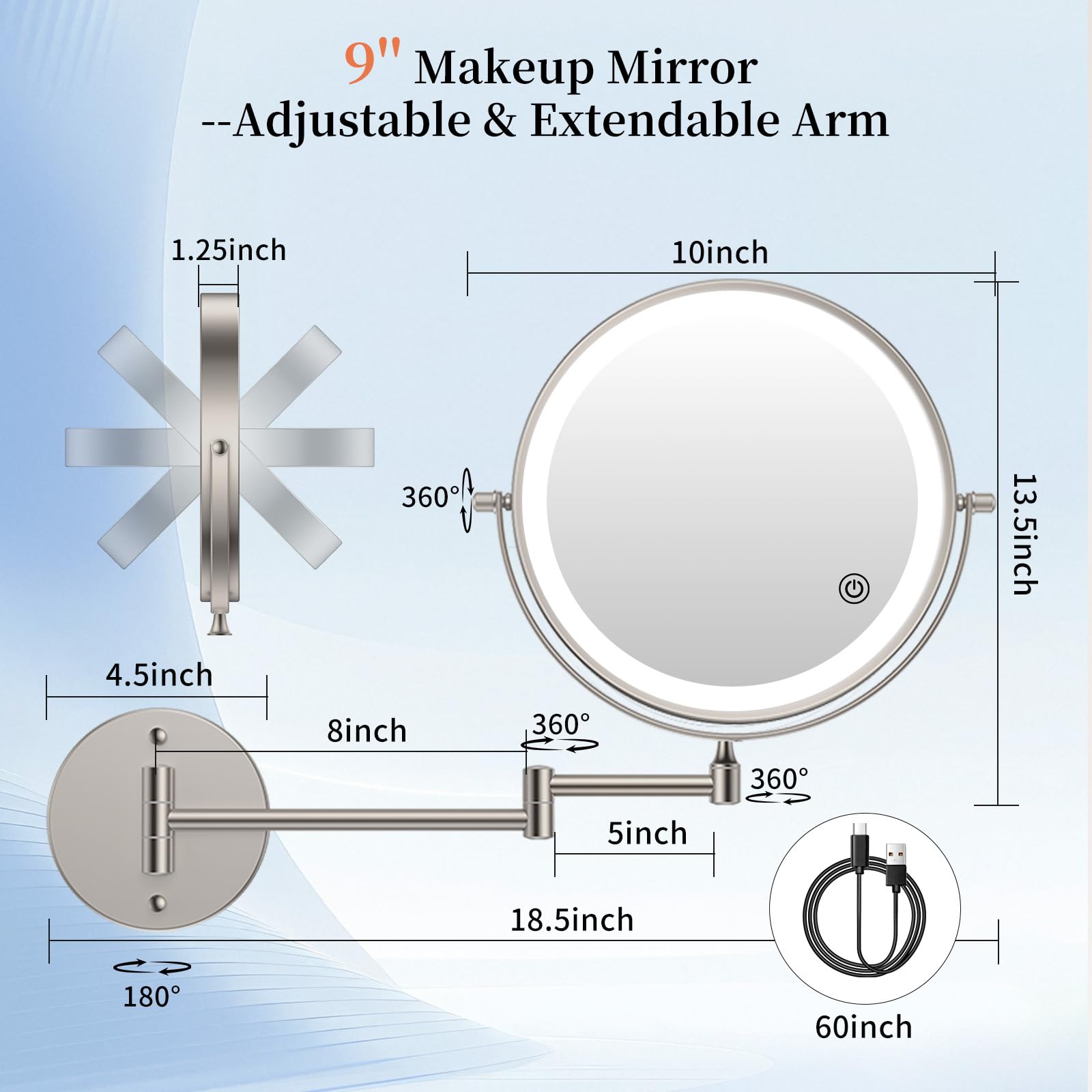 FUNTOUCH 9-Inch LED Wall Mount Makeup Mirror – 30X/1X, 5000mAh, 3-Color Dimmable Lights, Brush Nickel