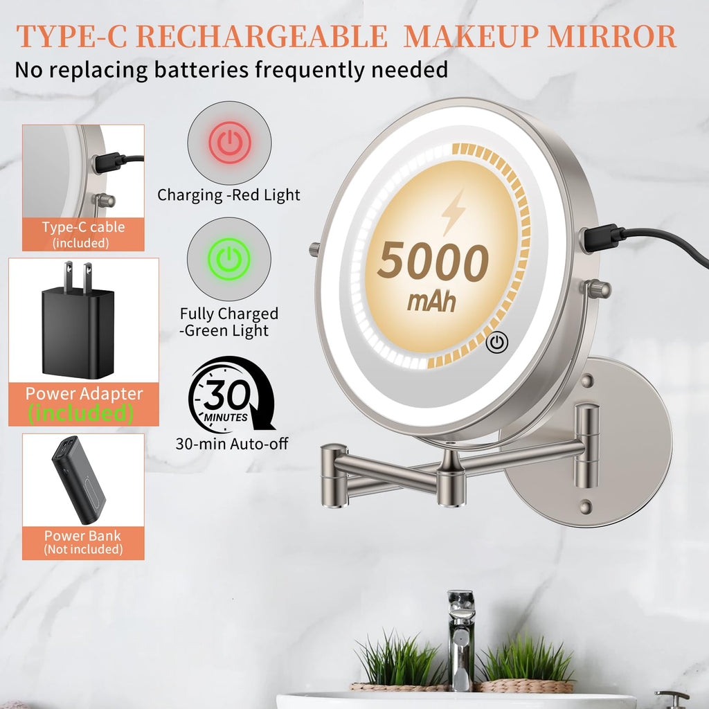 FUNTOUCH 9-Inch LED Wall Mount Makeup Mirror – 30X/1X, 5000mAh, 3-Color Dimmable Lights, Brush Nickel