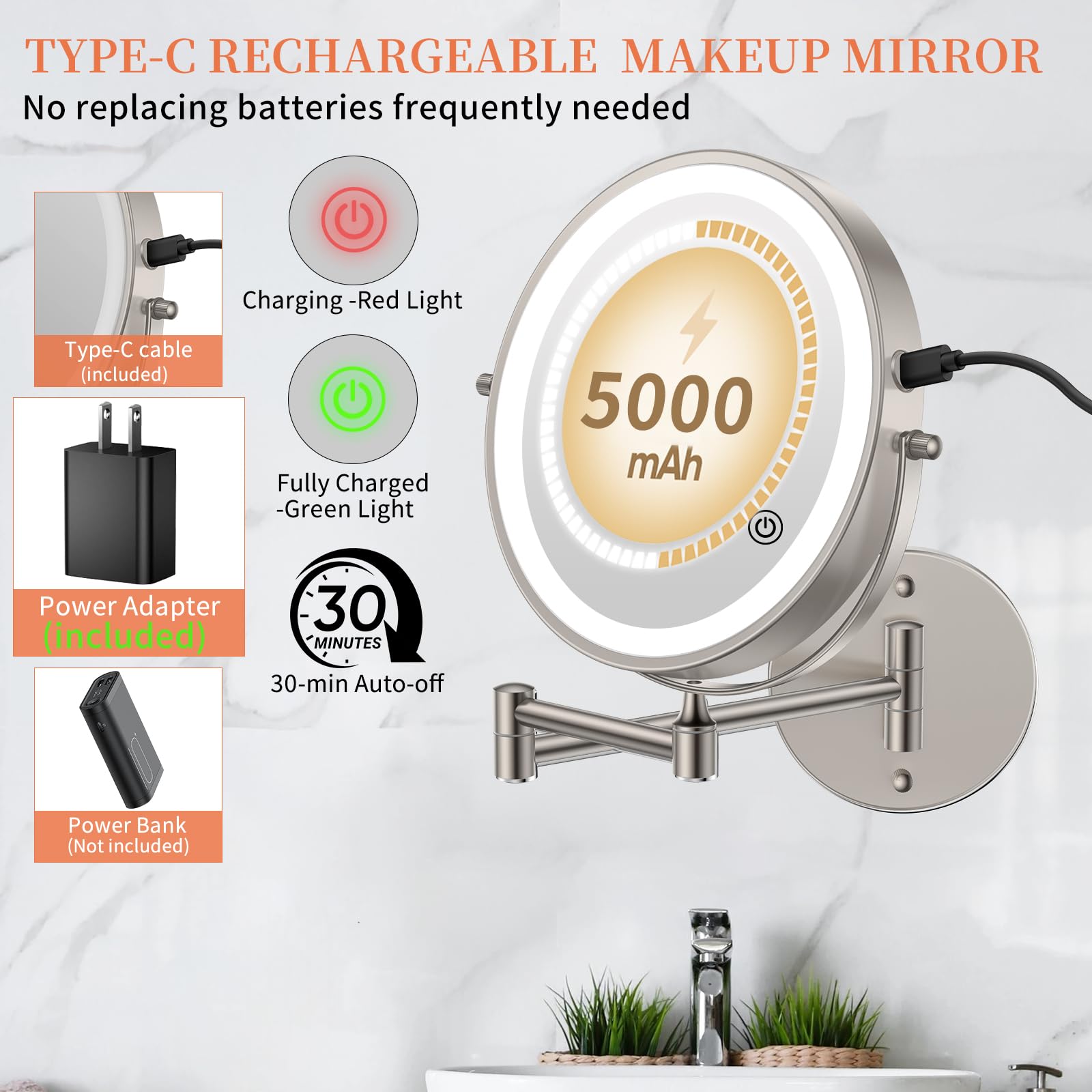 FUNTOUCH 9-Inch LED Wall Mount Makeup Mirror – 30X/1X, 5000mAh, 3-Color Dimmable Lights, Brush Nickel