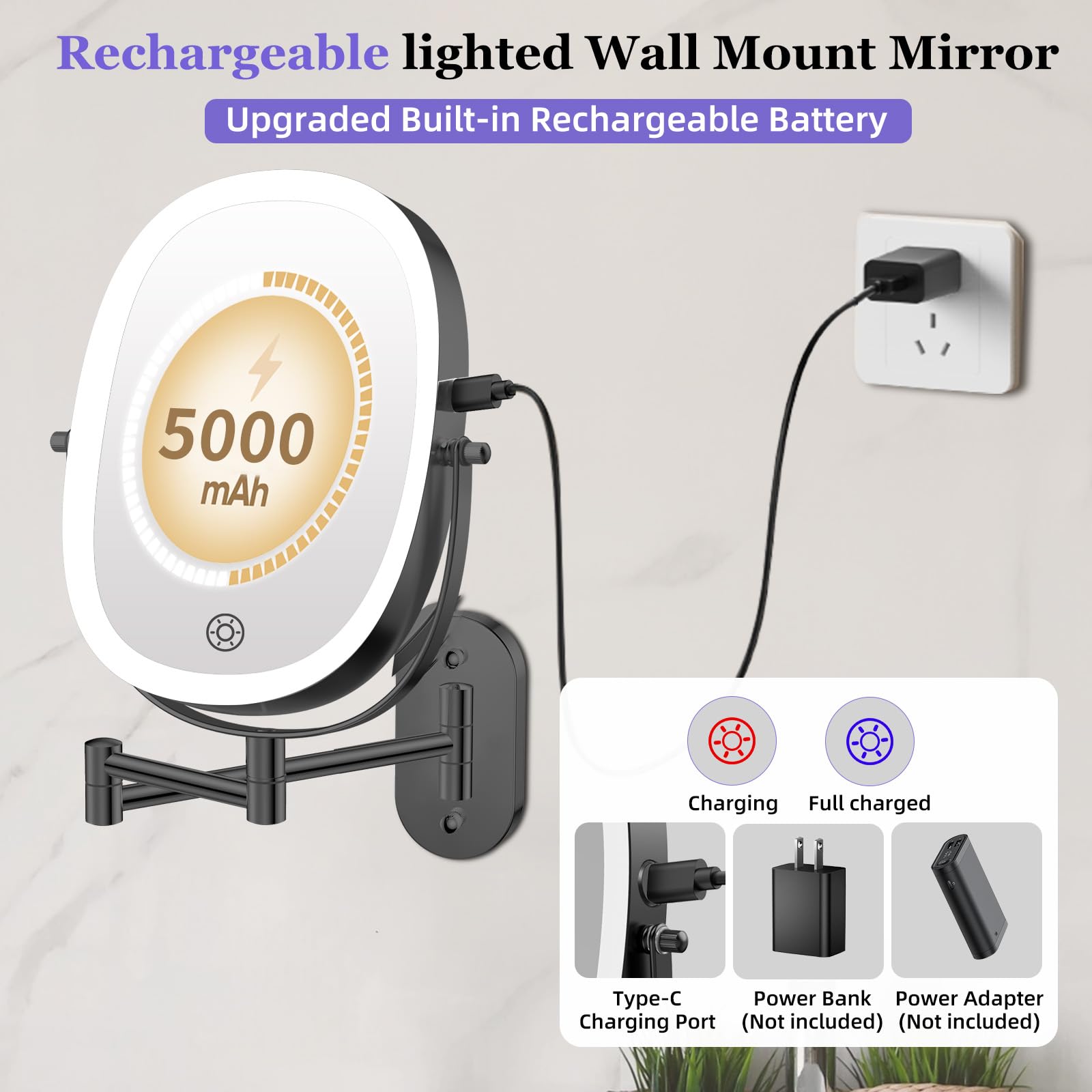 FUNTOUCH 30X/1X Wall Mounted Lighted Makeup Mirror — 5000mAh Battery, 3 Color Lights, 360° Swivel, Foldable, Black