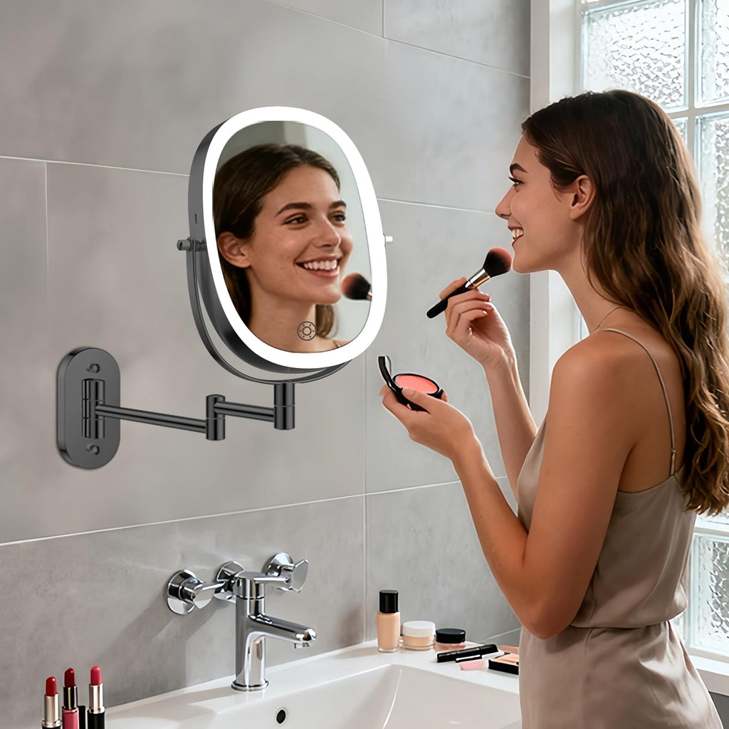 FUNTOUCH 30X/1X Wall Mounted Lighted Makeup Mirror — 5000mAh Battery, 3 Color Lights, 360° Swivel, Foldable, Black