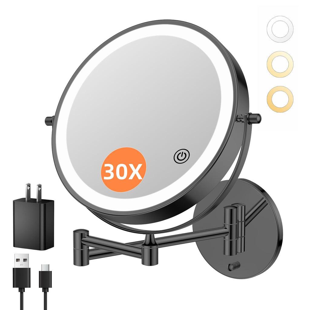 FUNTOUCH 9-Inch 30X/1X Wall Mounted Lighted Makeup Mirror – 5000mAh, 3-Color Lights, Dimmable