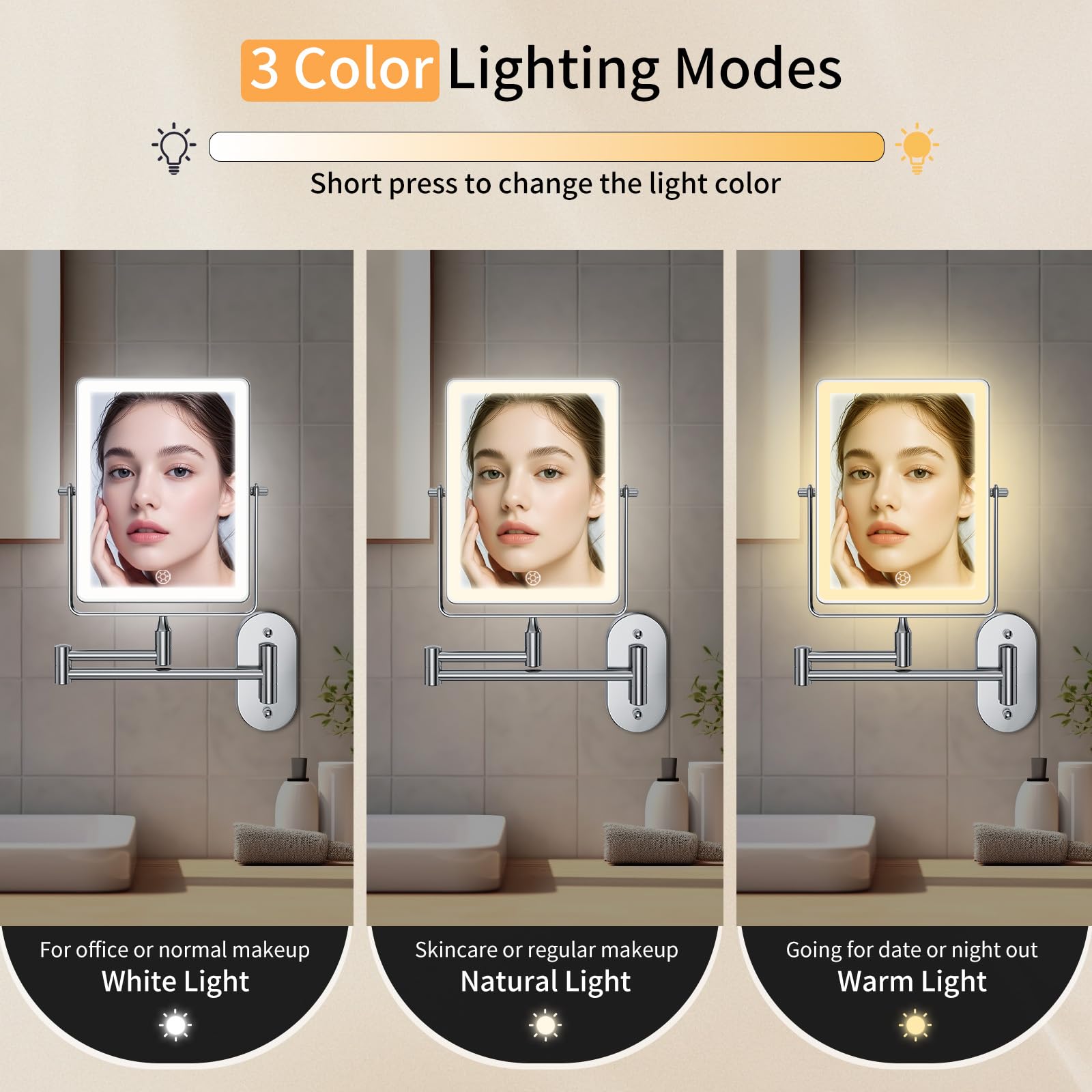FUNTOUCH 8.7-Inch Wall Mounted Lighted Makeup Mirror | 1X/30X Magnification | 5000mAh Rechargeable, Dimmable 3-Color Lighting