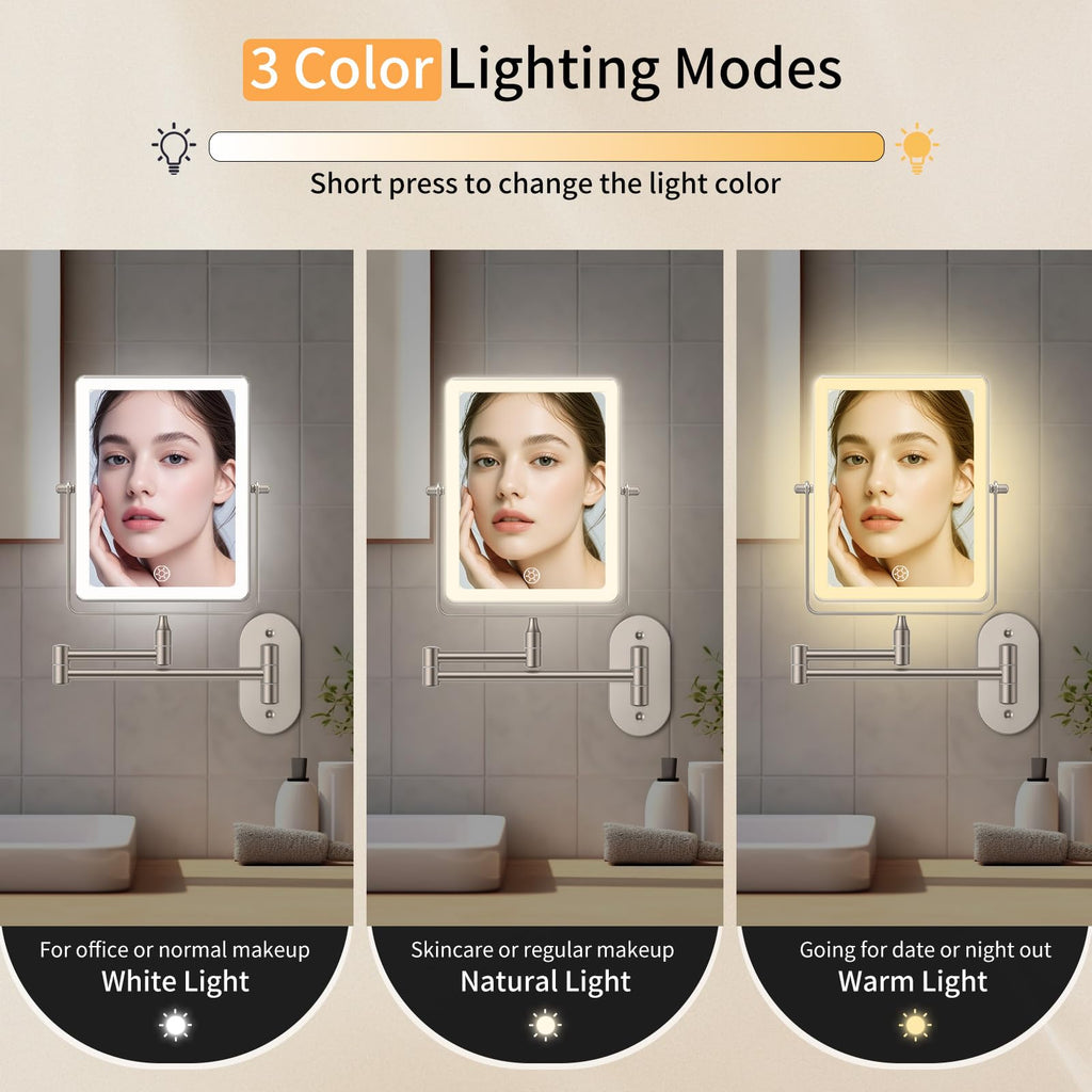 FUNTOUCH 5000mAh Rechargeable Wall Mounted Makeup Mirror - 8.7-inch - 1X/30X Magnification - Dimmable 3-Color LED